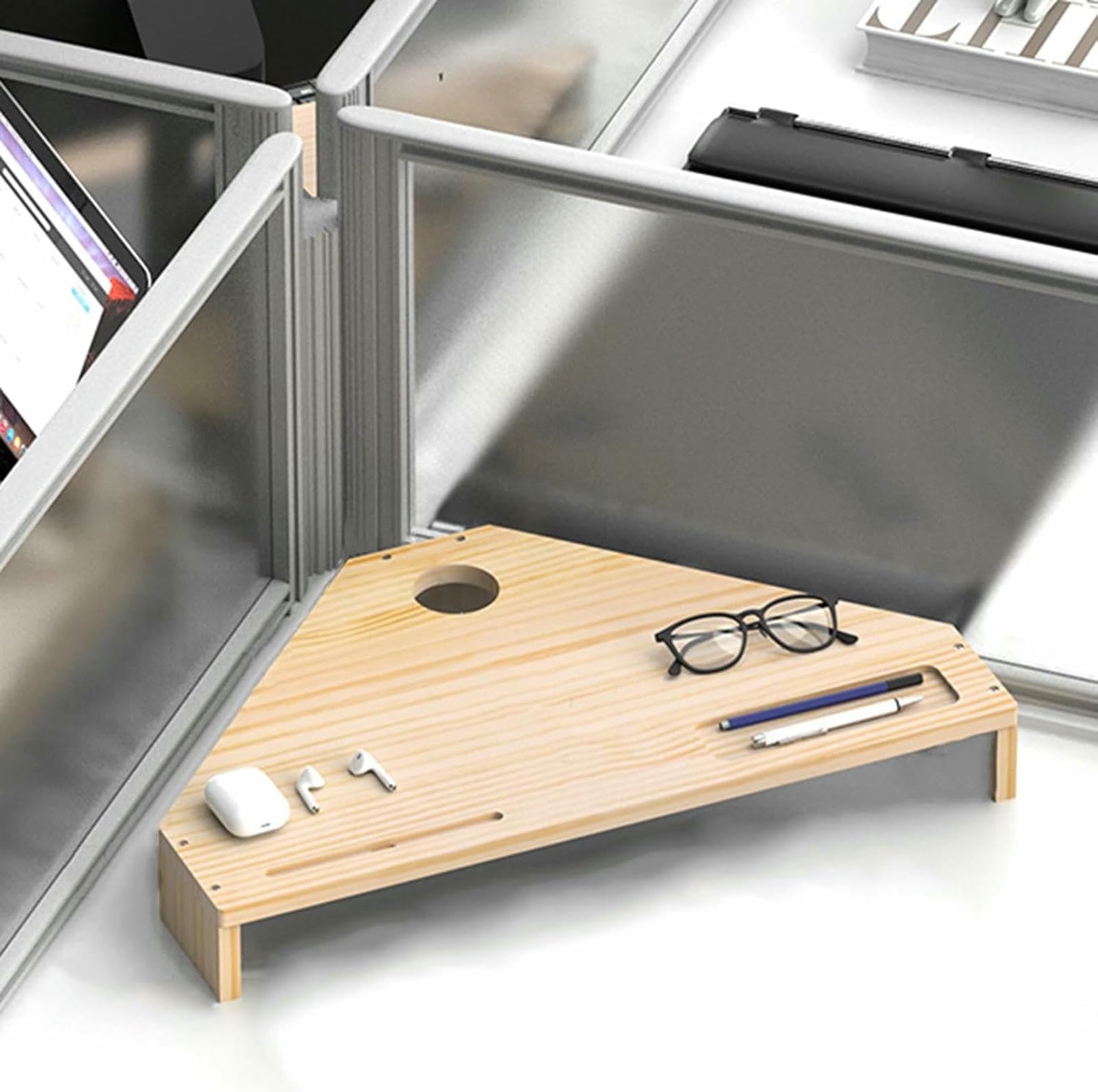 Supporto per Monitor da scrivania Triangolare in Legno massello, Ripiani angolari salvaspazio per Laptop, Supporti per schermi di Computer per Sale riunioni domestiche