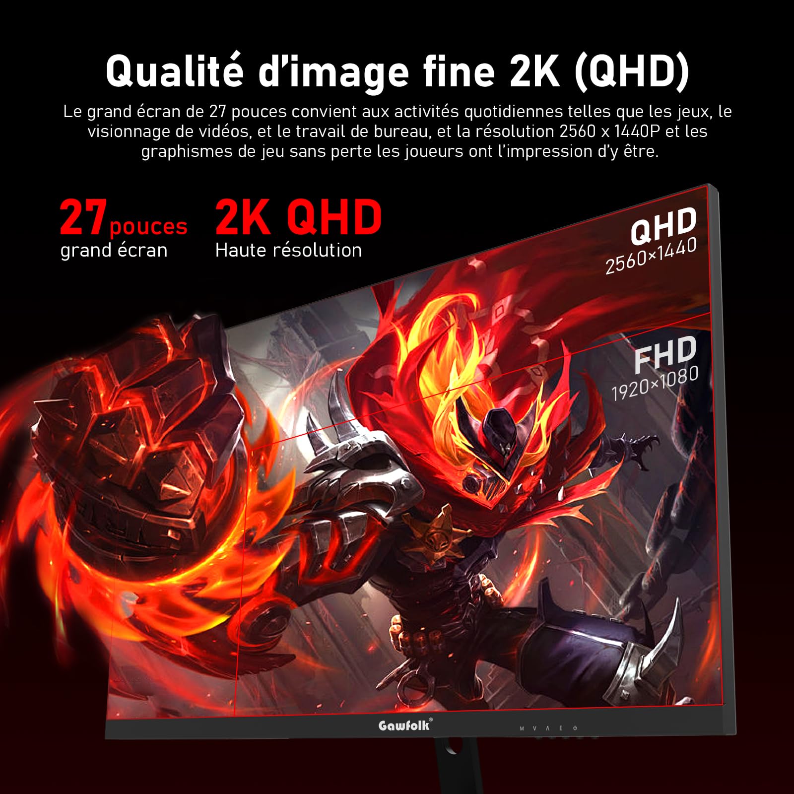 Gawfolk Monitor PC da gaming IPS, 27 pollici, 2K QHD (2560 x 1440P), 144 Hz, Bezel-less 1ms, 99% sRGB, grandangolo da 178°, HDMI, DisplayPort, compatibile con attacchi a parete VESA 100 x 100 mm, nero