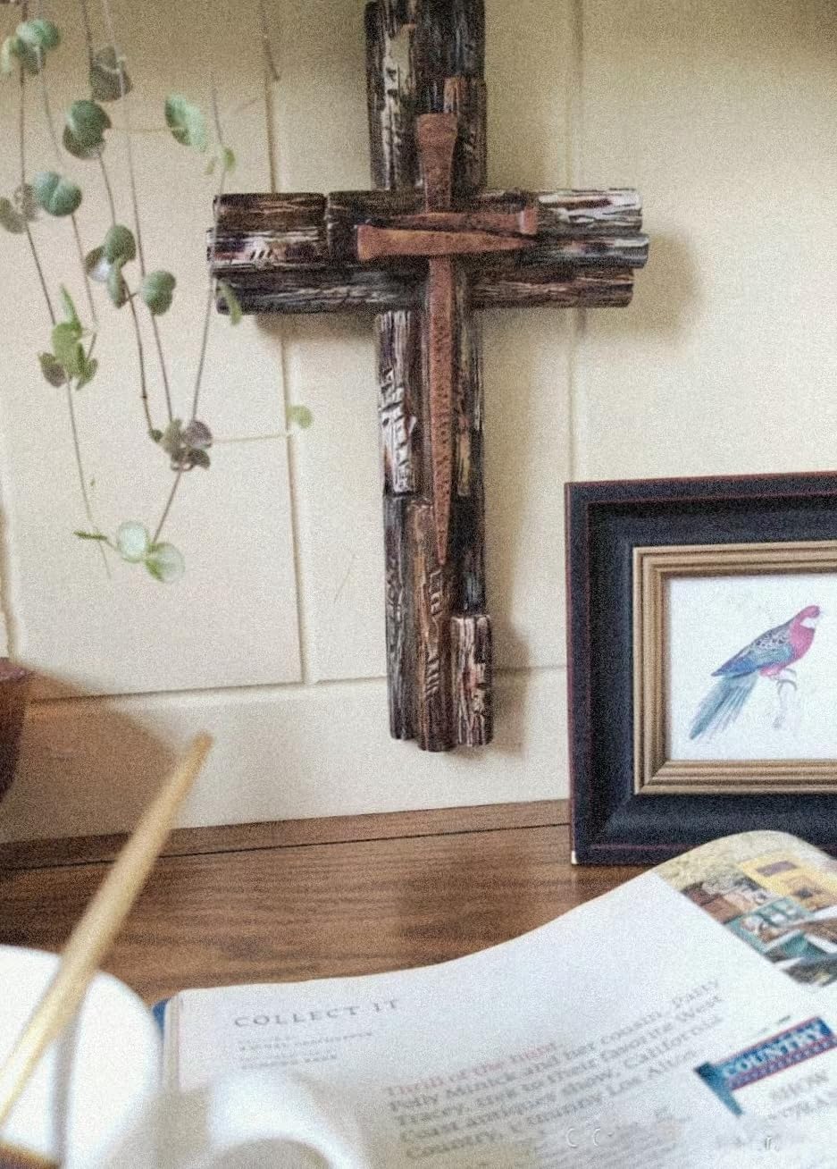 Eagrafts Rustic Decorative Layered Wood Like Resin Wall Cross With Faux Iron Nails, Home Wall Decor