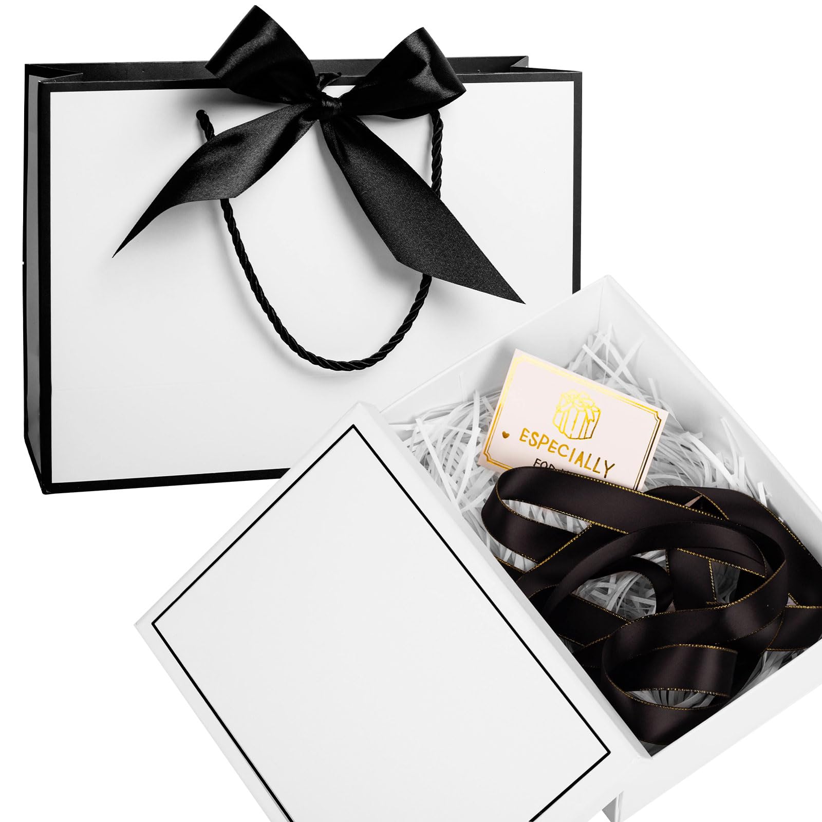 Large Gift Box for Presents, White Gift Boxes with Lids, Luxury Gifts Box Set Include Gold Edge Ribbon, Gifts Bag, Greeting Card, Tissue Paper and Raffia Filler, Foldable Present Boxes for Men Women