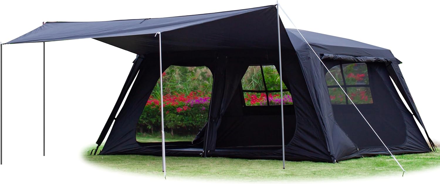 KTT Extra Large Tent 12 Person,Family Cabin Tents,Awning,2 Rooms,4 Doors and 4 Windows with Mesh,Straight Wall,Waterproof,Double Layer,Big Tent for Outdoor,Picnic,Camping,Family Gathering