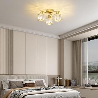 Crystal Ceiling Lights Living Room, 3-Lights Crystal Chandeliers Ceiling Light, Gold Ceiling Light with Glass Lampshades, Bathroom Lights Ceiling, Hallway Light Ceilings for Bedroom, Kitchen [Energy Class D]