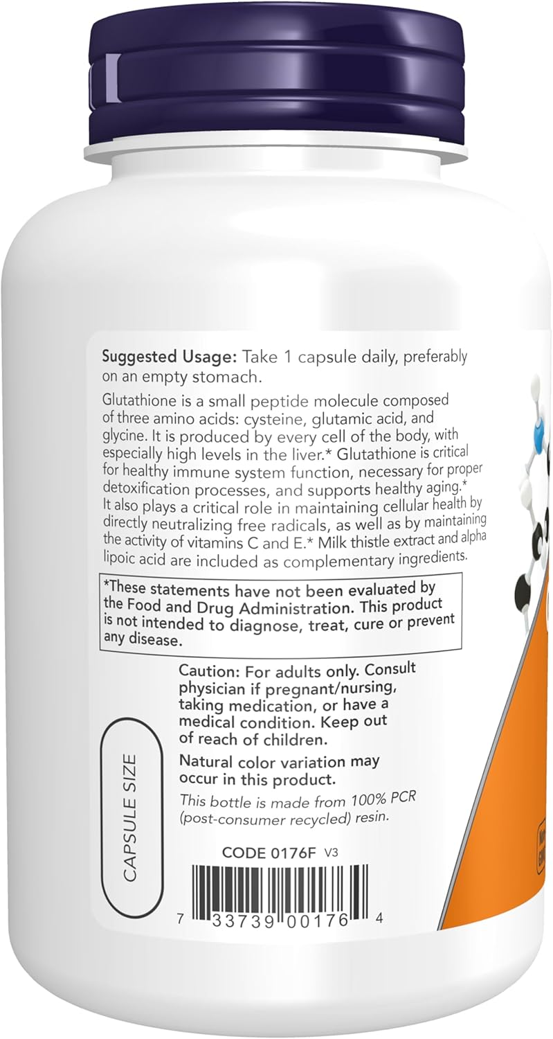 Now Foods Supplements, Glutathione 500 mg, with Milk Thistle Extract & Alpha Lipoic Acid, Free Radical Neutralizer*, 120 Veg Capsules, Beige