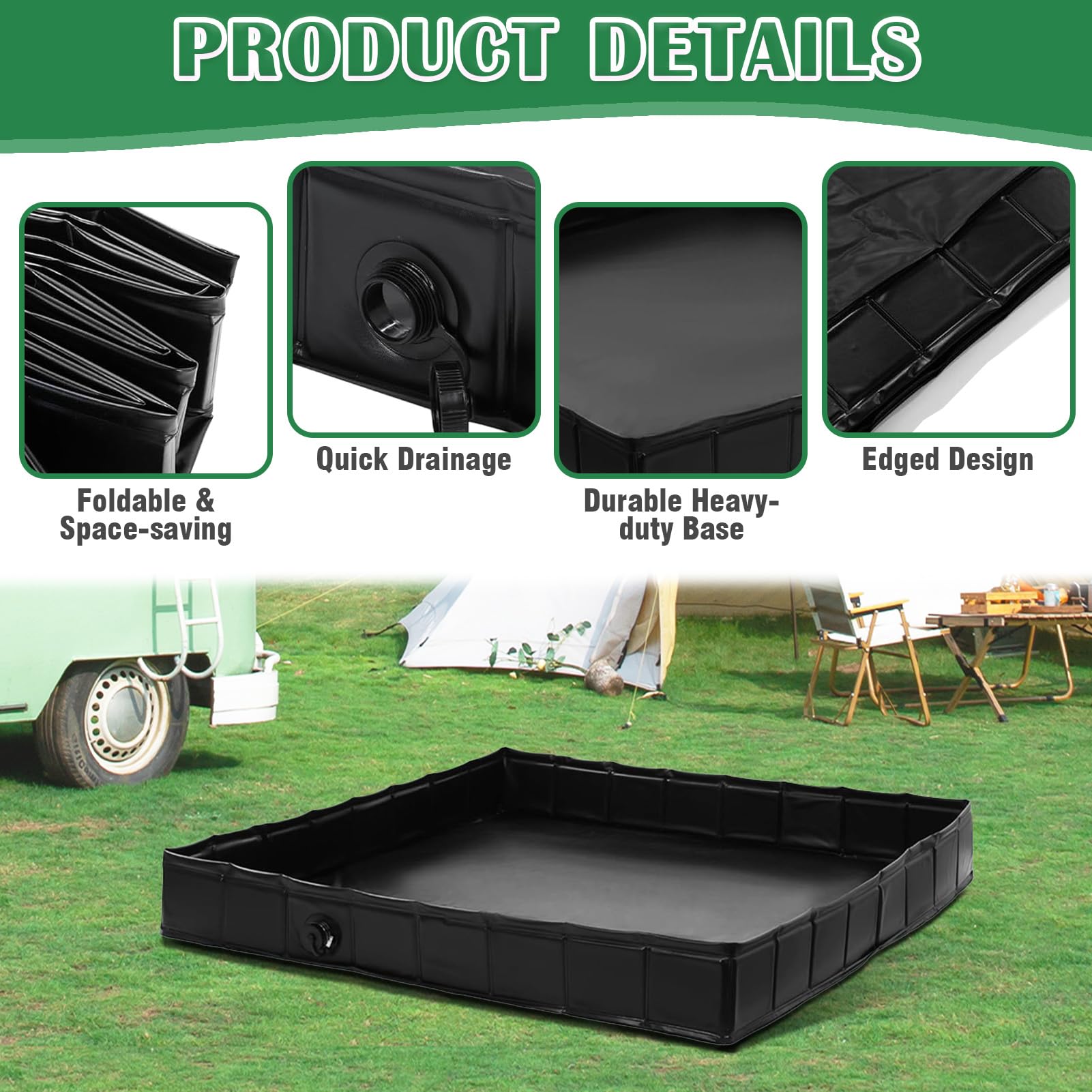 Piatto doccia pieghevole da campeggio, portatile, con tubo di scarico, accessorio per doccia mobile, per tenda da doccia, camper, interni, spiaggia di sabbia (104 x 104 x 13 cm)