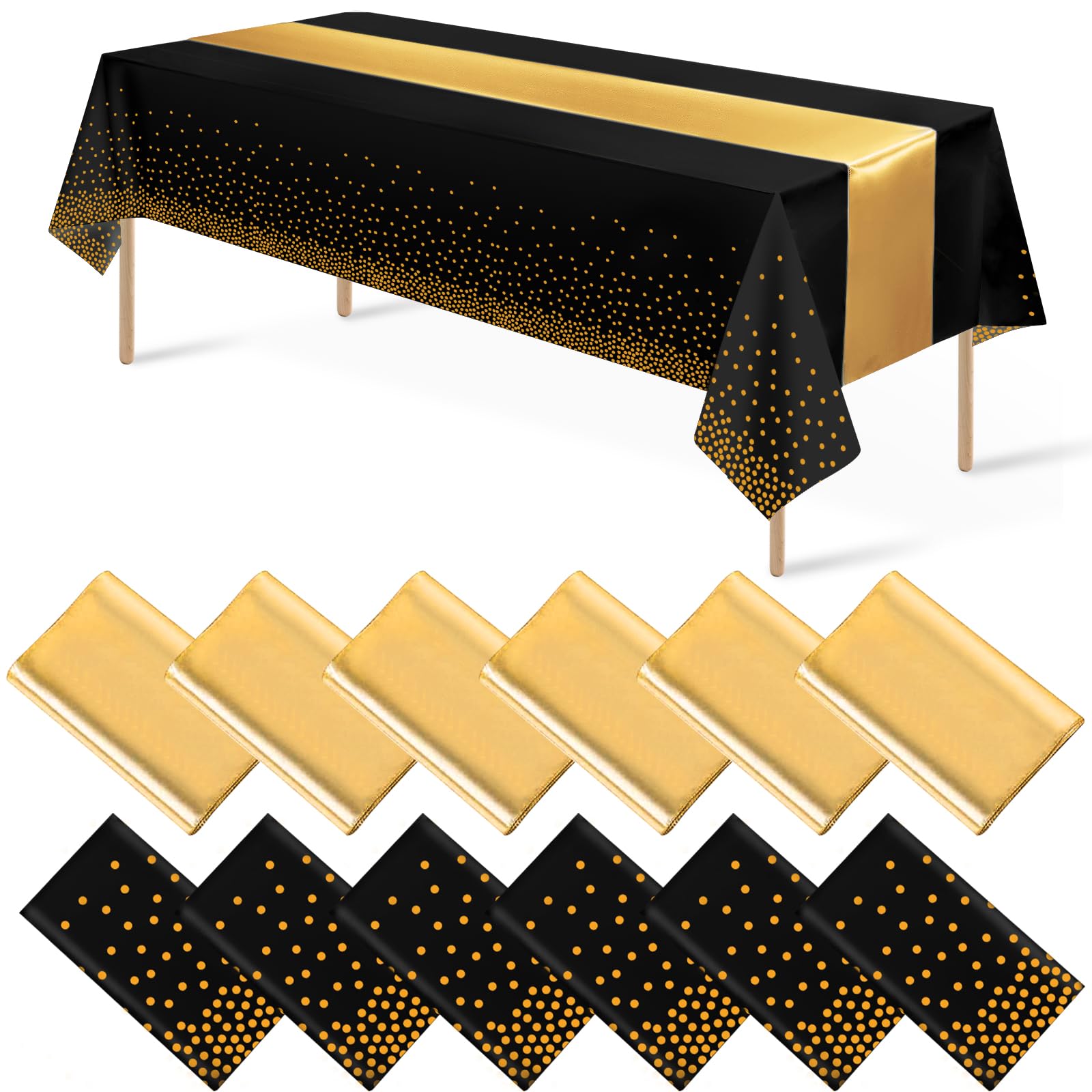 Juego de 12 manteles desechables de plástico y camino de mesa de satén, mantel de lunares negros y dorados, camino de mesa de satén dorado para boda, cumpleaños, baby shower, aniversario, Navidad, Año