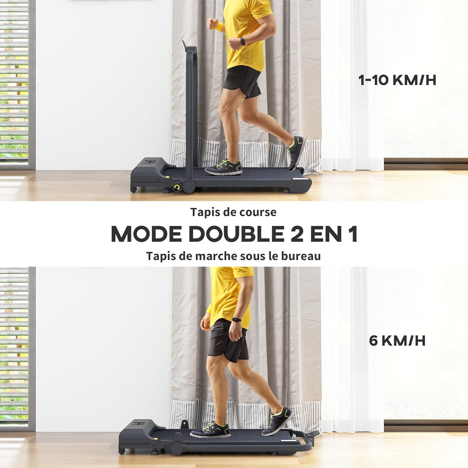 Image showing the HOMCOM treadmill in two modes: running mode with the armrest up, and walking pad mode with the armrest folded down, indicating speed ranges for each.
