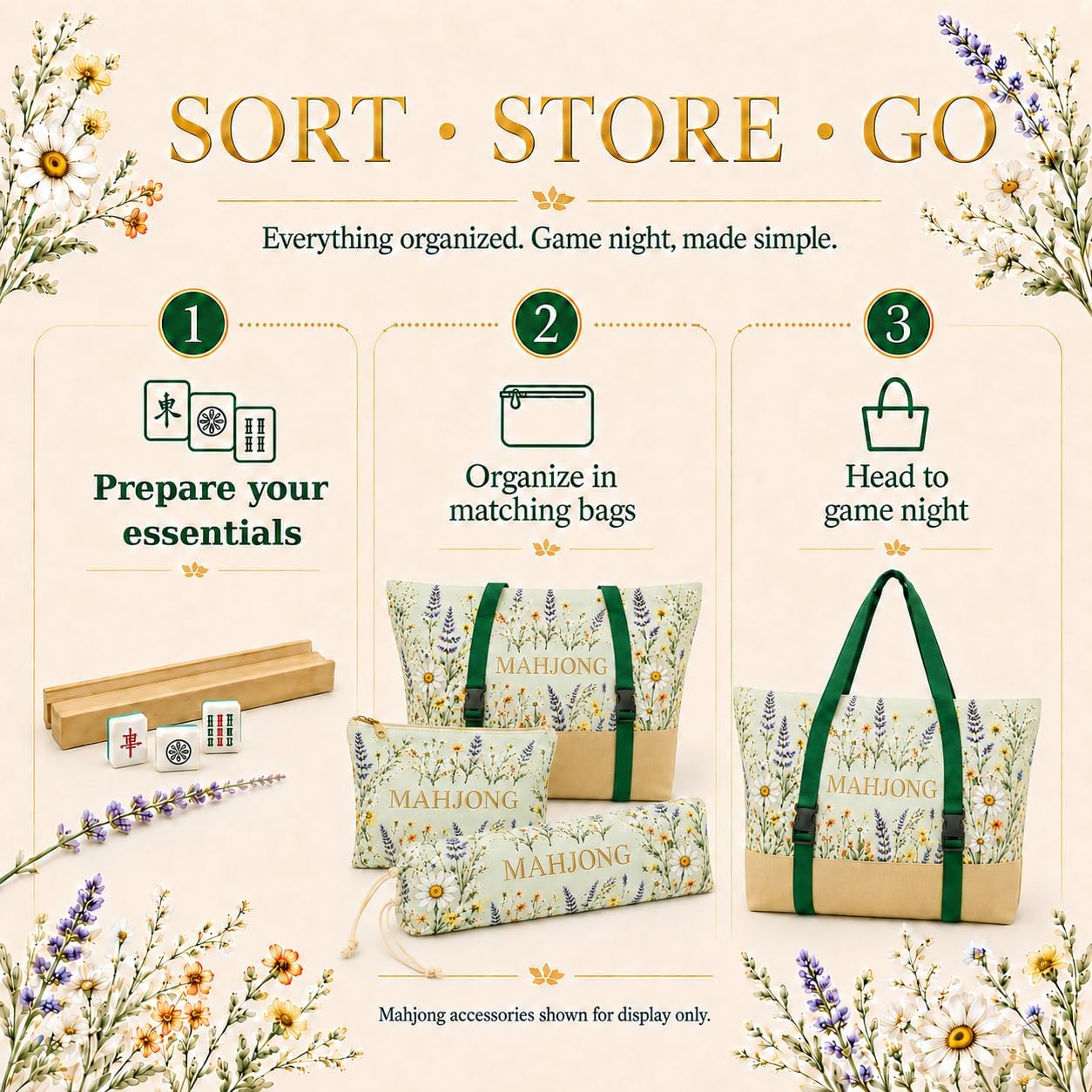3-Piece American Mahjong Bag Set with Mat Holder Straps, Floral Canvas Tote, Zipper Pouch and Rack Sleeve, Empty Organizer for Tiles, Racks, Pushers, Game Night Gift, Bags Only