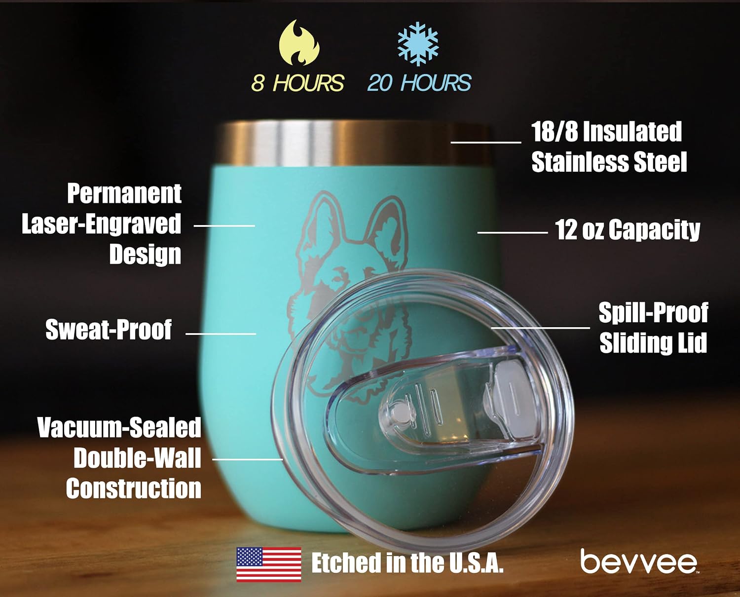 Bevvee German Shepherd Wine Tumbler with Sliding Lid - Stemless Stainless Steel Insulated Cup - German Shepherds Outdoor Camping Mug - Teal