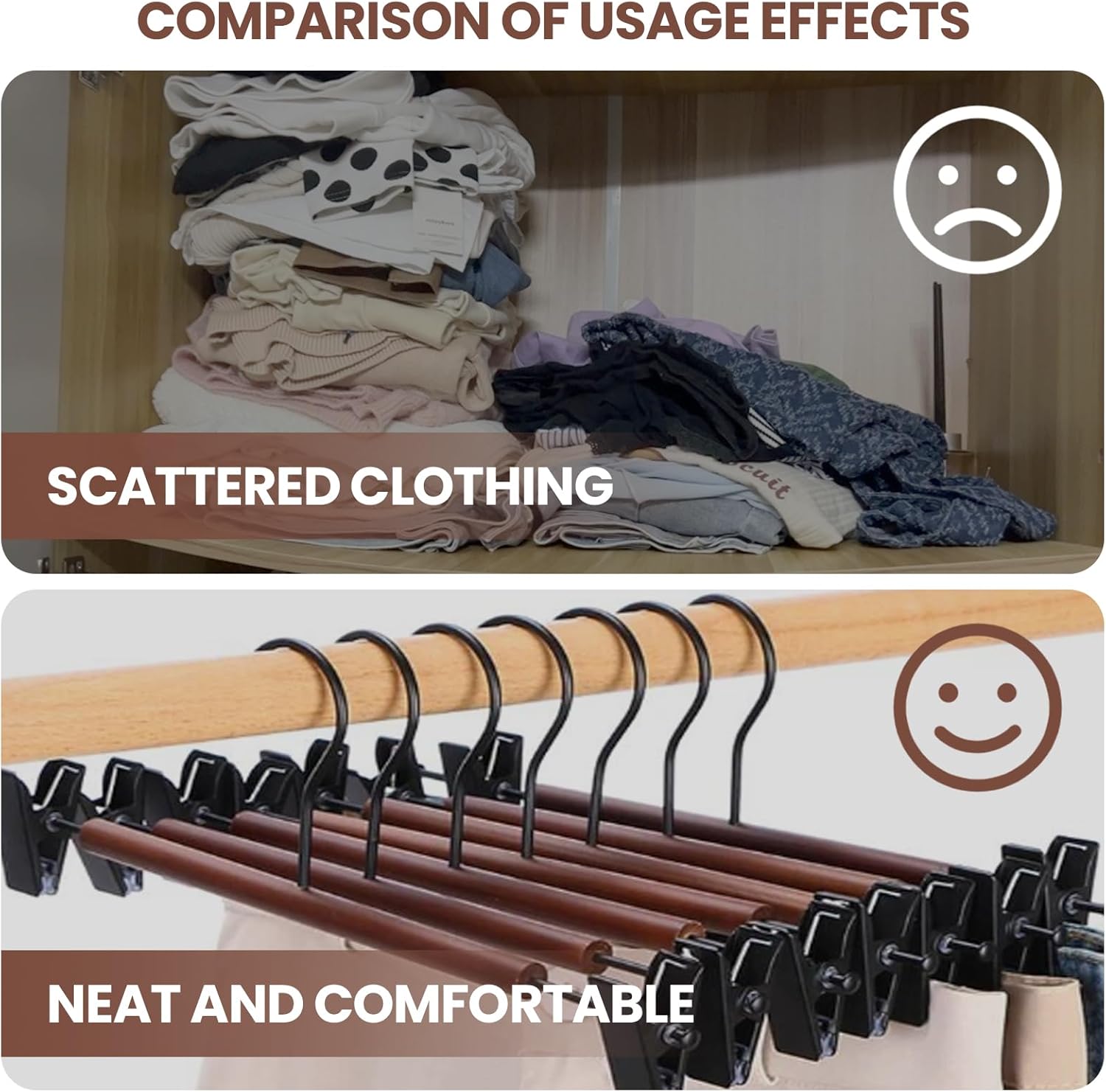 Jiang&Rong 20-Pack Wooden Hangers with Metal Clips - Adjustable Non-Slip Closet Organizers for Pants, Jeans, Skirts, Socks | Heavy-Duty Rustproof Hanger Set (Black)