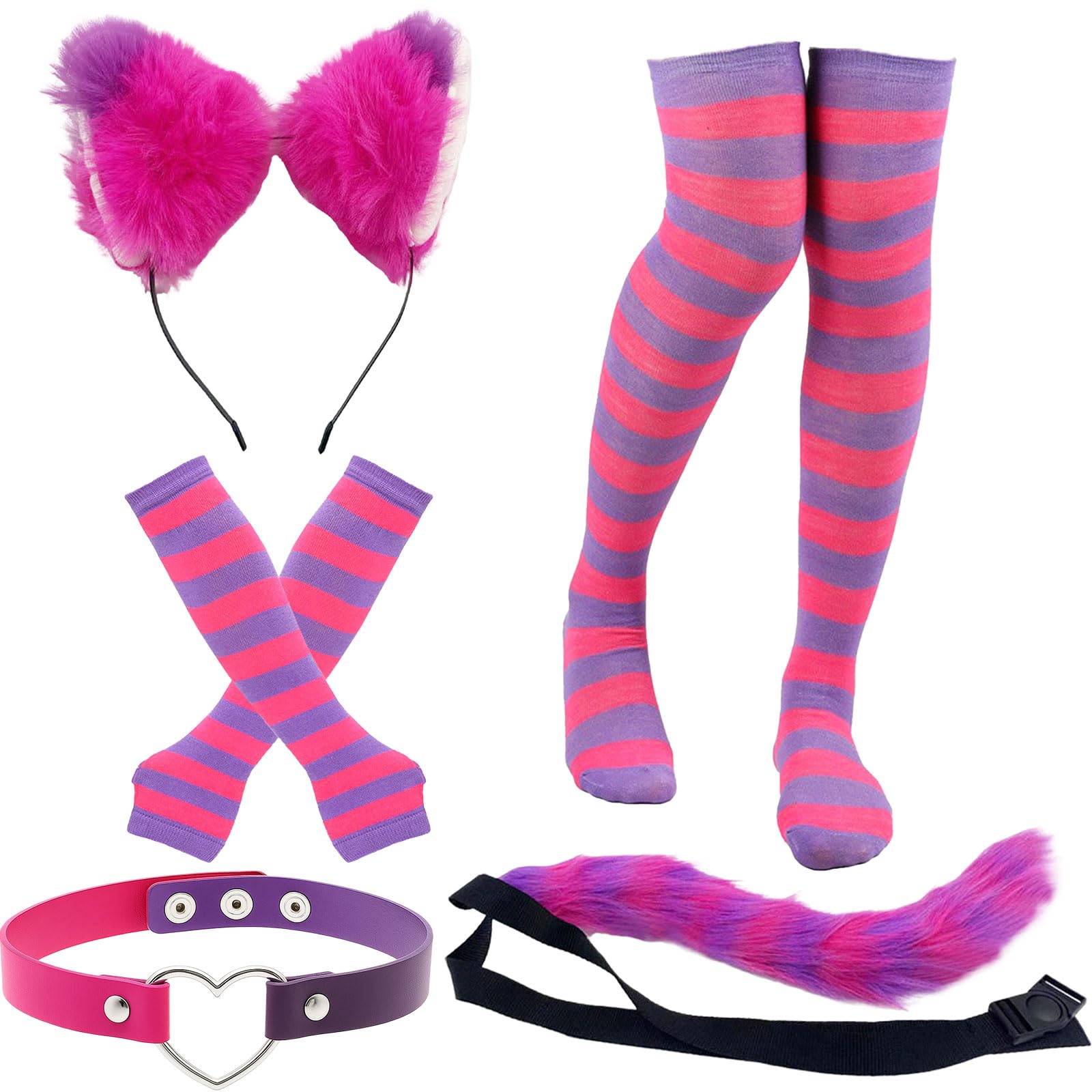 MUNSKT Pink and Purple Striped Cat Costume for Girls,7PCS Cat Ears Furry Tail Striped Socks Gloves for Halloween Easter Christmas Cosplay Accessories for Women