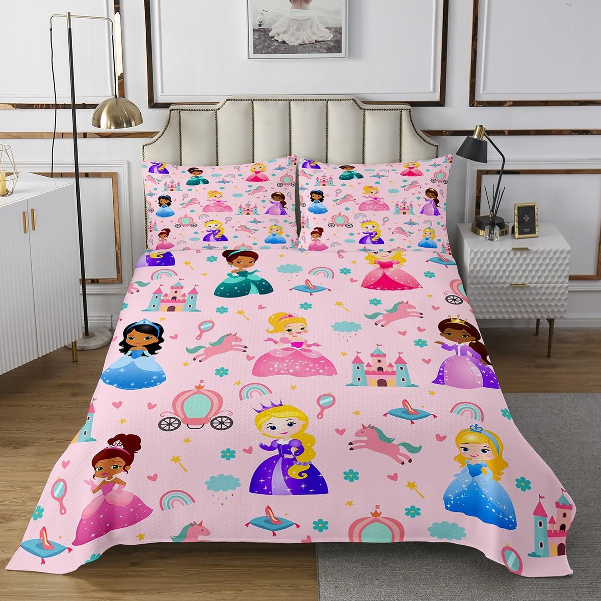 Manfei Dreamy Princess Castle Bedspread Queen Size Bedding for Teens Living Room Pink Castle Decor Coverlet Set Fairy Tale Unicorn Quilt Set for All Season,3 Pcs with 2 Pillowcases