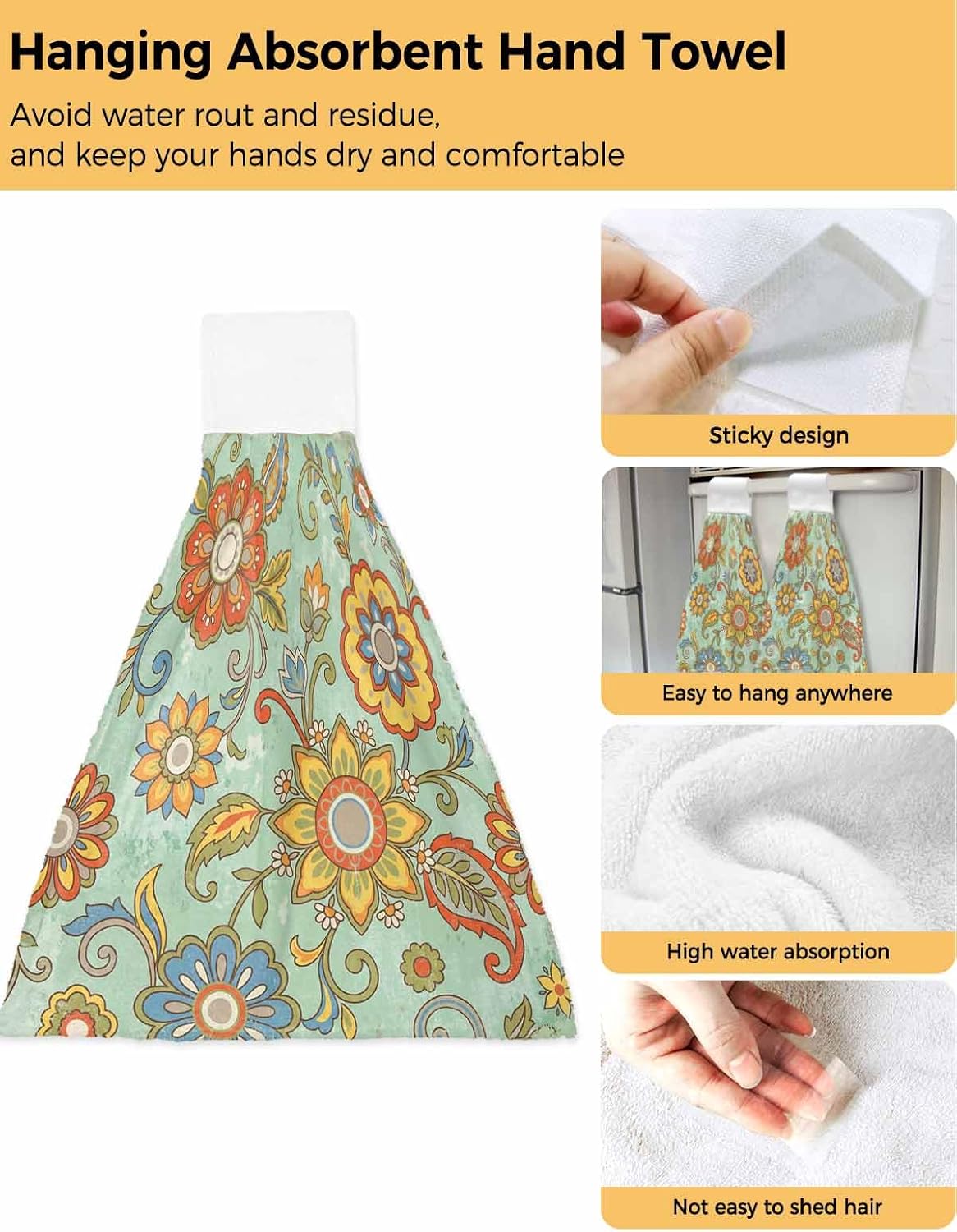 Teal Green Boho Floral Kitchen Hand Towels with Hanging Loops Set of 2 Vintage Abstract Art Ethnic Flowers Soft Thick Oven Fingertip Dry Microfiber Tie Dish Towel Absorbent Cleaning Washcloth
