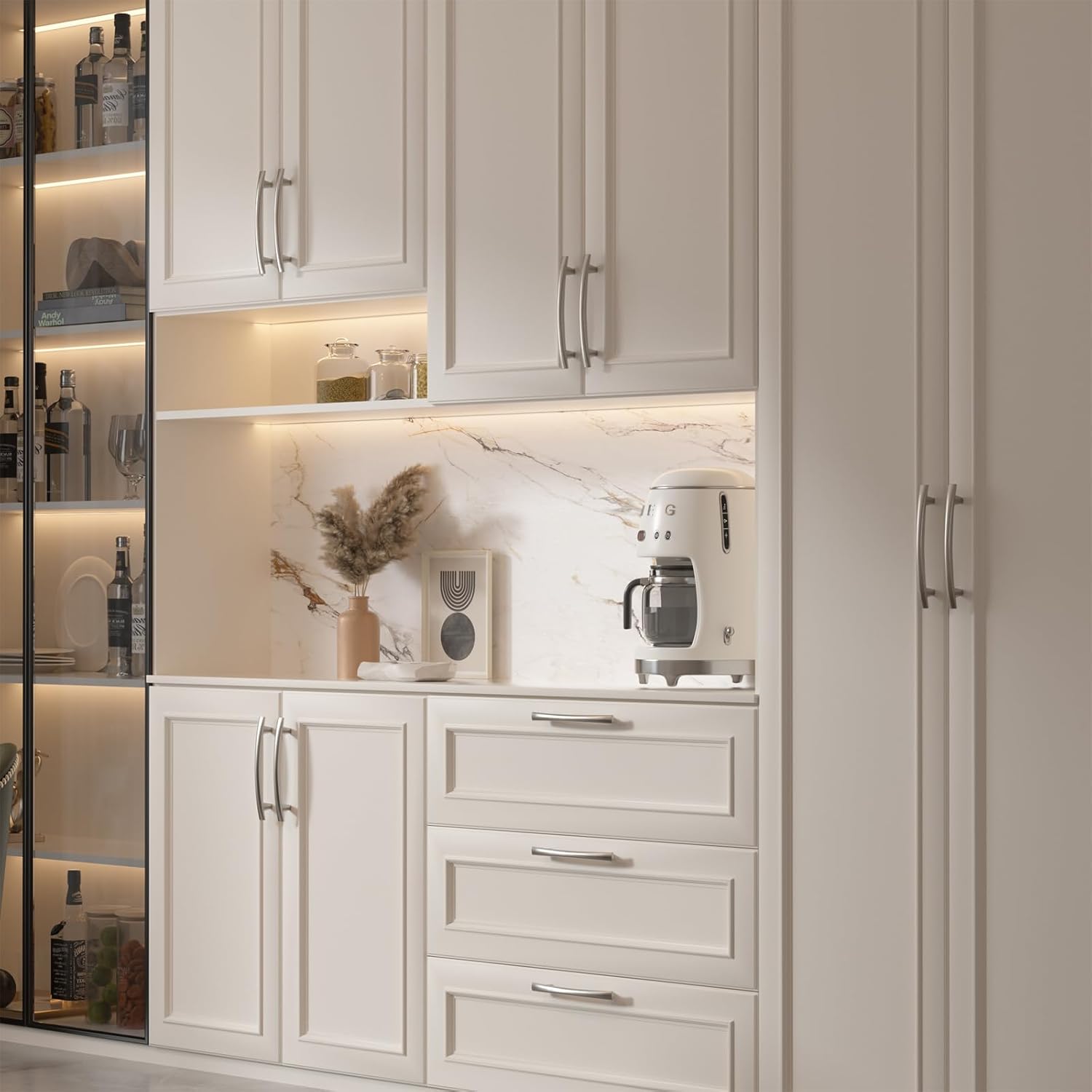 Goldenwarm Pack of 10 Furniture Handles, Silver, 128 mm Hole Spacing Handles for Kitchen Cabinets, Kitchen Handles in Brushed Silver, Curved Kitchen Cabinet Handles, Modern Universal Cabinet Handles