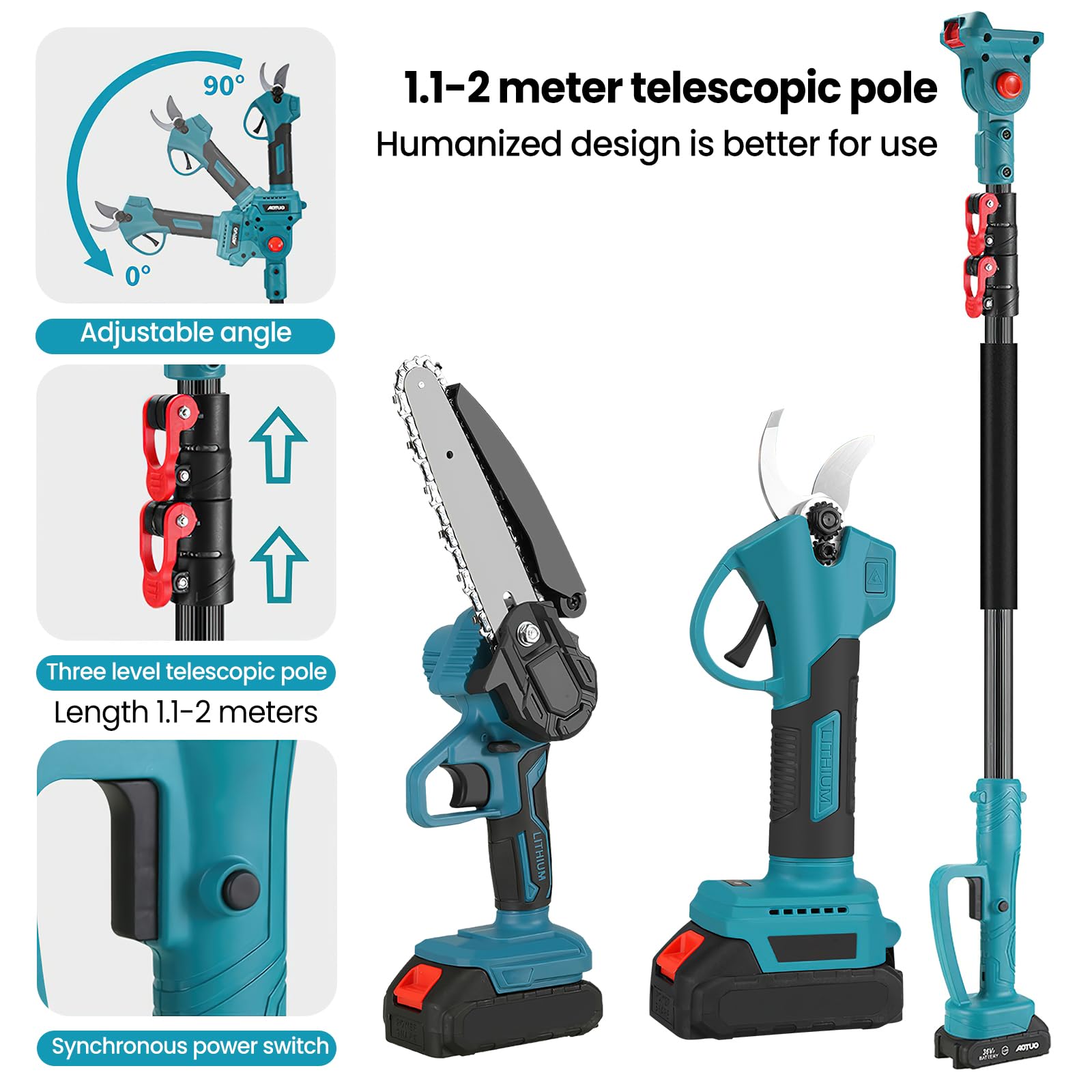 Tijeras De Podar Eléctricas,Motosierra Telescopica 6 Pulgadas,4 En 1 Kit De Herramientas Con 2 * 7500 Mah Baterías,Adecuado Para Podar Ramas,600W (A(2 baterías))