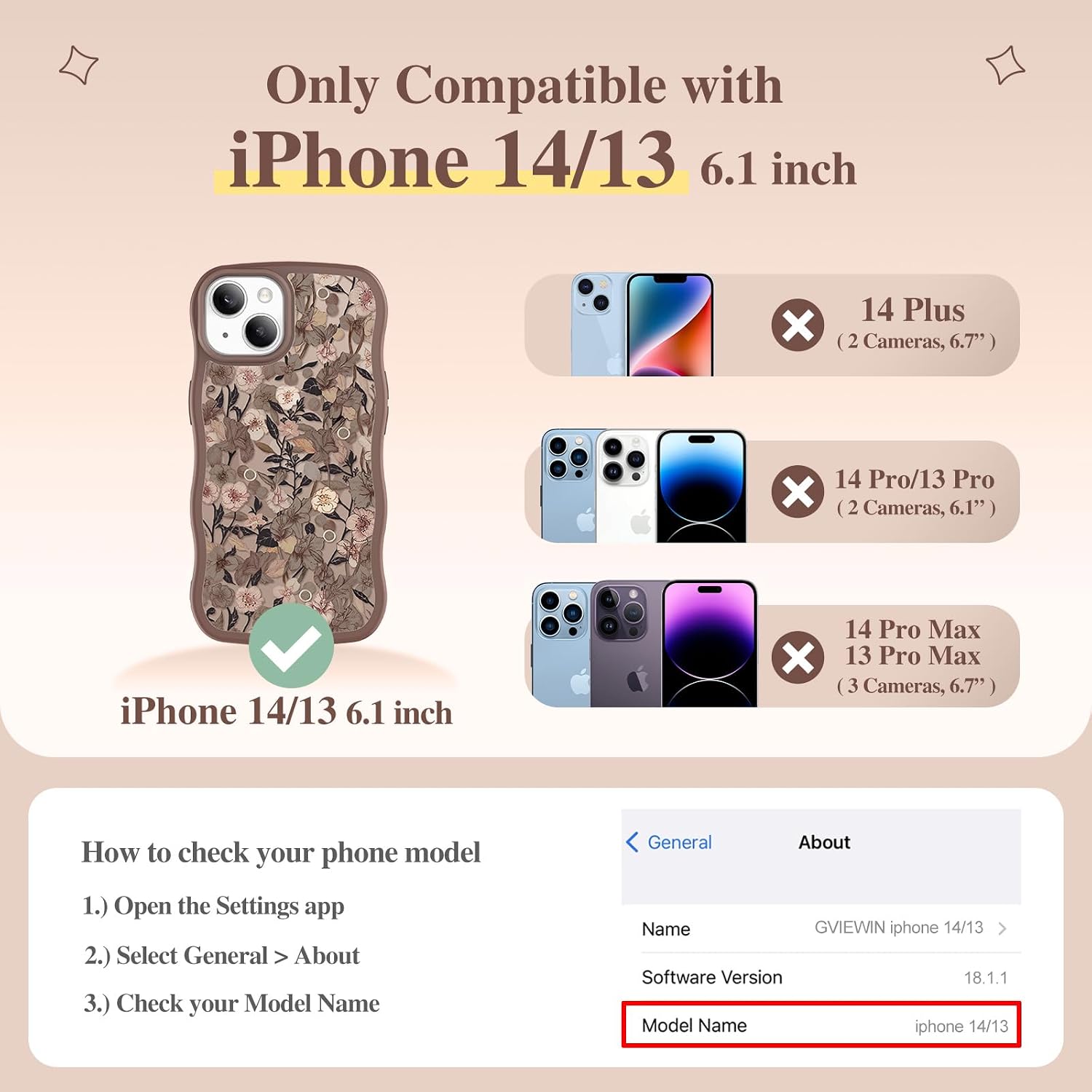 GVIEWIN for iPhone 14 Case & iPhone 13 Case Compatible with MagSafe [Curly Wave Edge] Floral Translucent Shockproof Magnetic Women Phone Case for iPhone 14/13 6.1'', Apricot Blossom/Brown