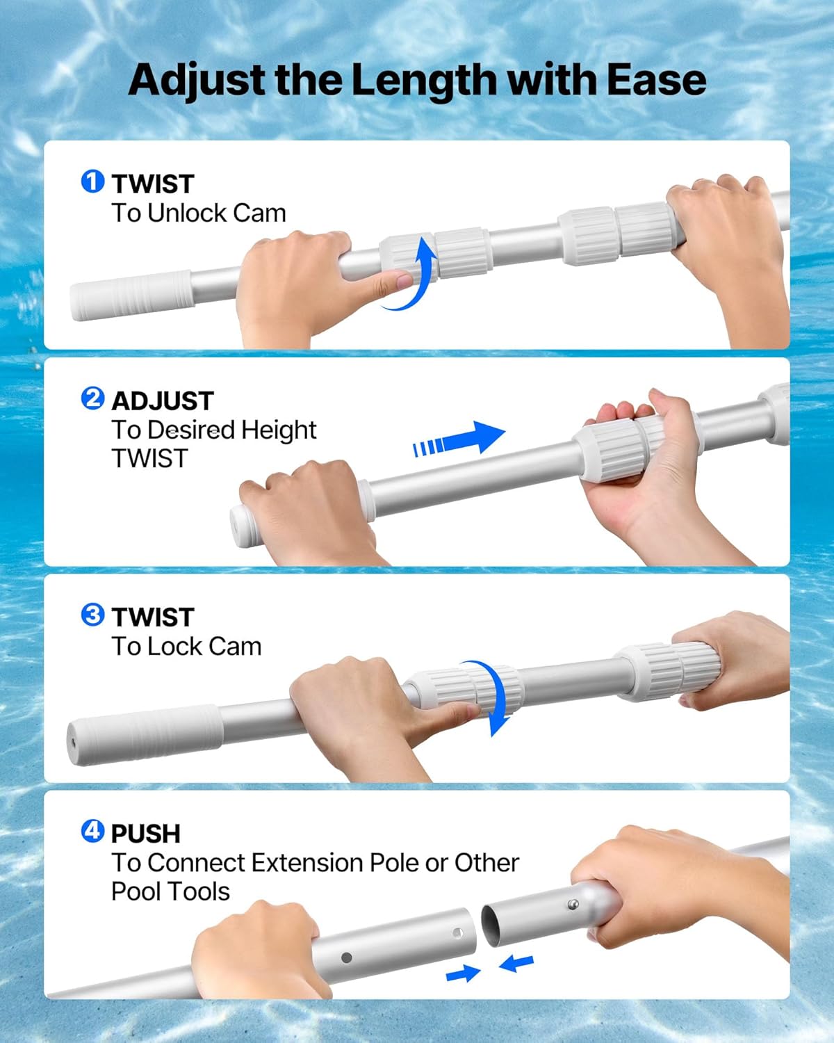 VEVOR Pool Pole, 3.4 to 15 Ft Telescoping Swimming Pool Cleaning Poles, Professional Adjustable Telescopic Pole with 2 Extension Poles, Heavy Duty Cleaner Stick for Skimmer Net, Brush, Vacuum Head