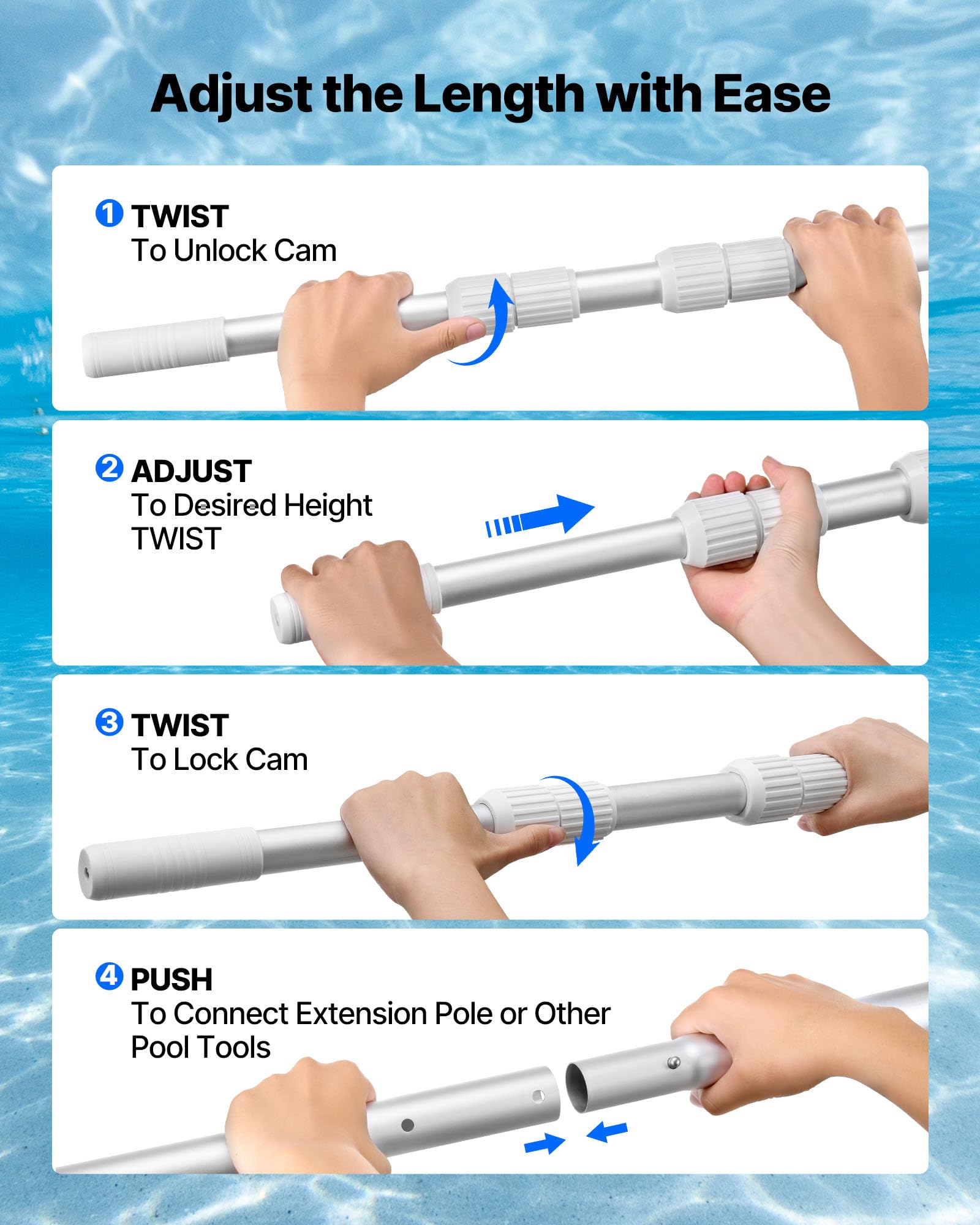 VEVOR Perche de Piscine télescopique de 1 à 4,6 m, Poteau de Piscine Professionnel réglable avec 2 rallonges, bâton de Nettoyage en Alliage d'aluminium, pour épuisette, Brosse, tête d'aspirateur