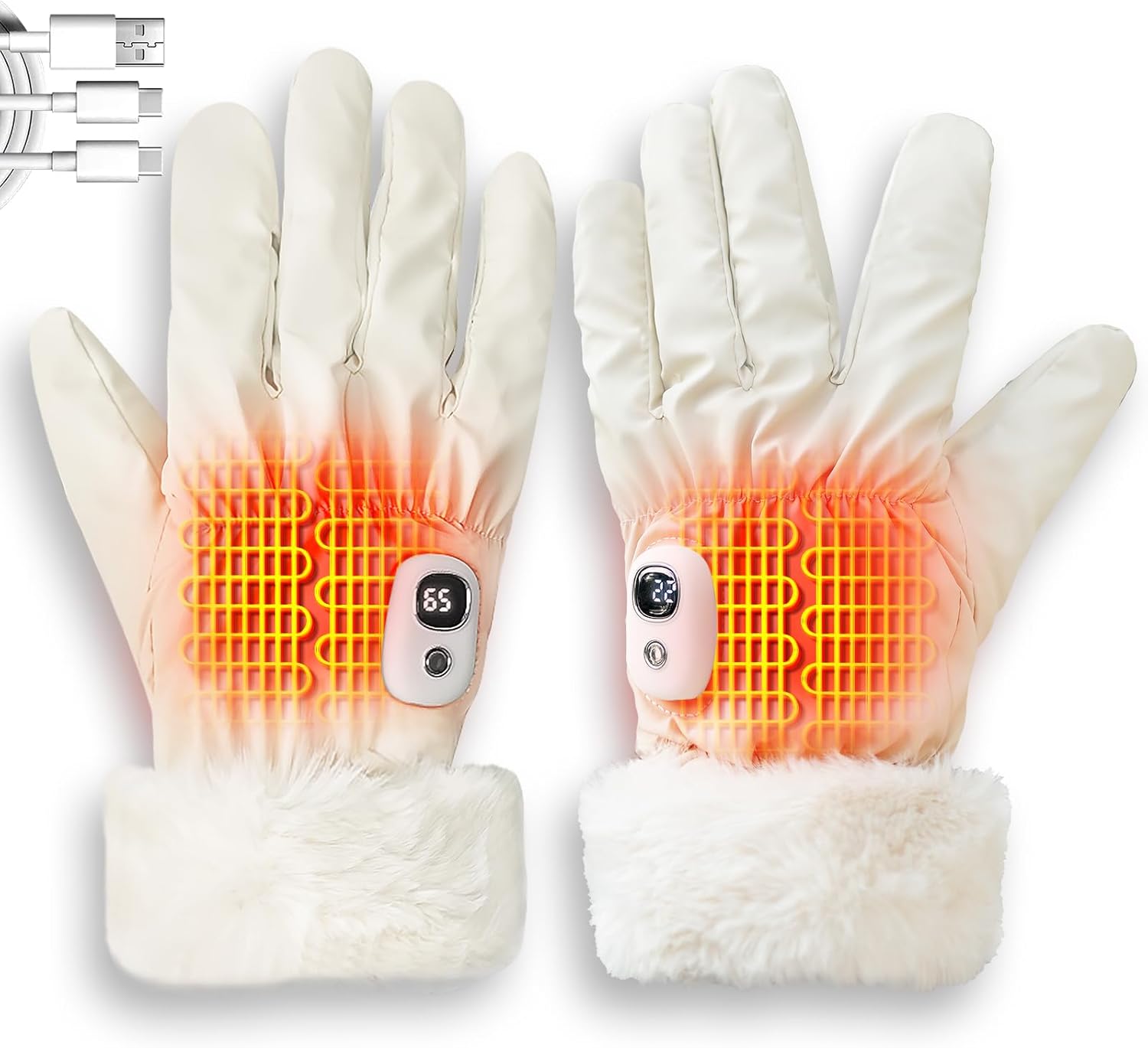 Women's Heated Gloves, Off-White Glove with Palm & Back Heating Function, Rechargeable Touchscreen Gloves for Winter Outdoor Activities (Driving, Walking, Camping) - Medium