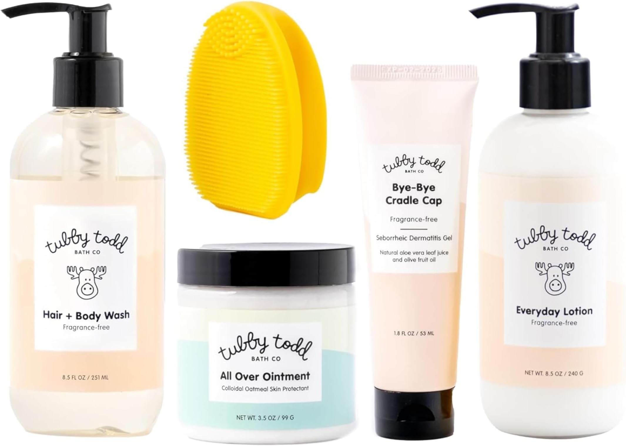 Baby Cradle Cap Solution - The Bye-Bye Cradle Cap Kit - Cradle Cap Gel 1.8 Oz, Shampoo + Body Wash 8.5 Oz, Lotion 8.5 Oz, All Over Ointment 3.5 Oz, & Cradle Cap Brush - Fragrance-Free