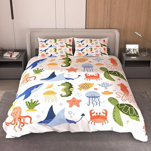 Miniatura 2 de DULALA Funda de edredón tamaño matrimonial  Juego de funda de edredón de tortuga marina, juego de ropa de cama de playa y océano, edredón tropical