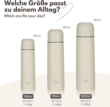 Milu Vacuum Insulated Flask 1L, 750ml, 500ml - Thermo Water Drinking Bottle with Cup for Hot & Cold Drink - Stainless Steel, 100% Leak-Proof (Buttercream, 500ml)