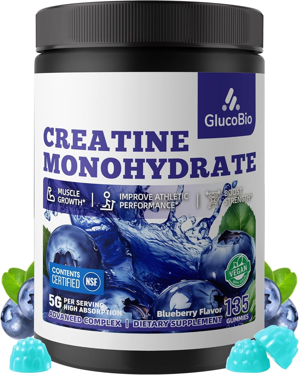 GlucoBio Gomas de Creatina Monohidratada 5 g Sabor Blueberry 135 gomas