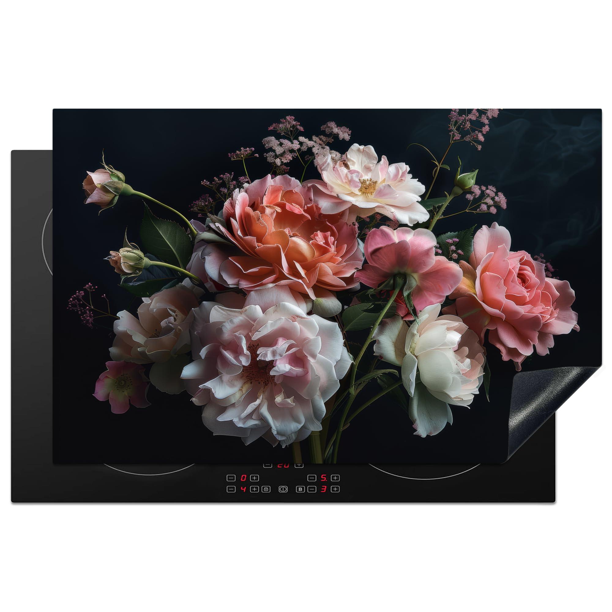 KitchenYeah© Induction Hob Cover Protector Mat 20.5"x31.9" / 81x52 cm Kitchen Universal Ceramic Covers for Electric Cookers Vinyl Flowers - Roses - White - Pink - Botanical - Plants — image 1