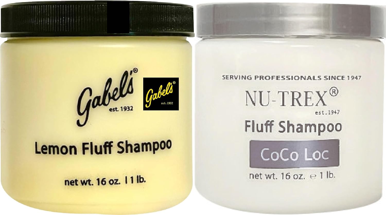 Gabel’s Lemon Fluff Clarifying Shampoo and NT Coco Loc White Fluff Shampoo. Each 16oz Pack of 2. Authentic Manufacturer Direct Protection seal black logo label