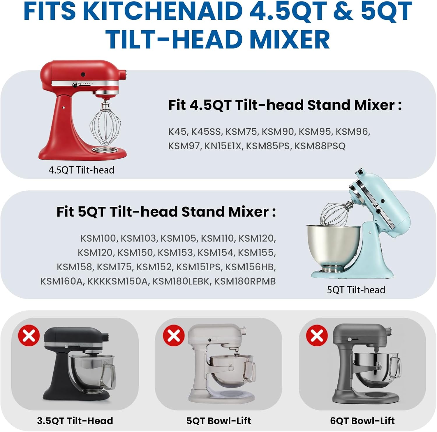 Stainless Steel Wire Whip for Kitchenaid 4.5QT 5QT Tilt-head Mixer