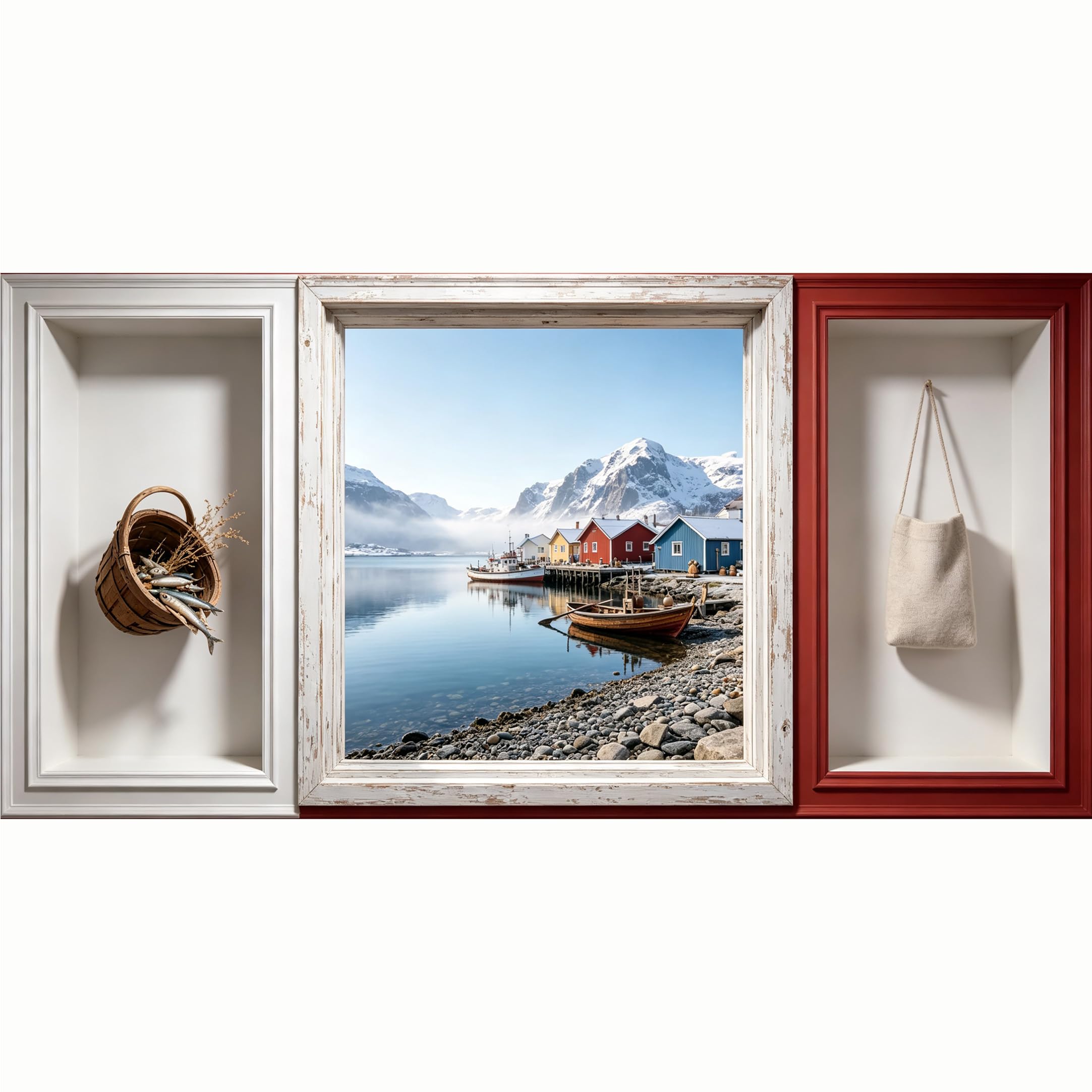 QZLITHOTIC 50x100cm 3D Framed Wall Art， Nordic Mountain Lake Village Coastal Landscape SelfAdhesive Mural， WaterActivated Peel & Stick Fabric Decor Wall Decal for Bedroom Living Room