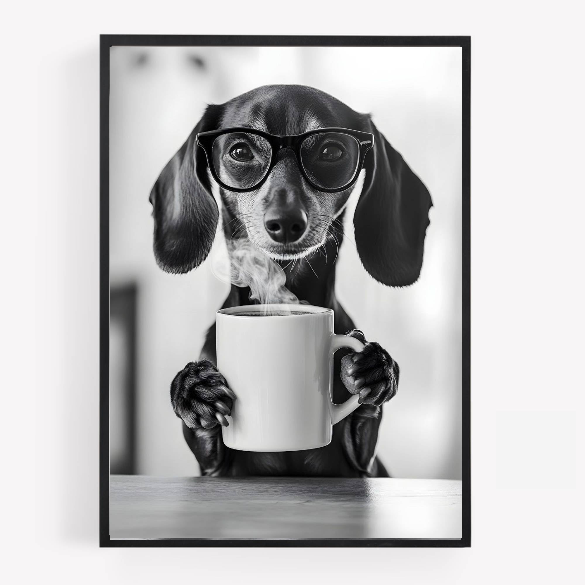 Gfc Monochrome Funny Sausage Dachshund Dog Drinking Coffee Print Picture Poster Kitchen A4 Unframed Wall Art Home Decor Decorating Please Be Seated For Entire Performance