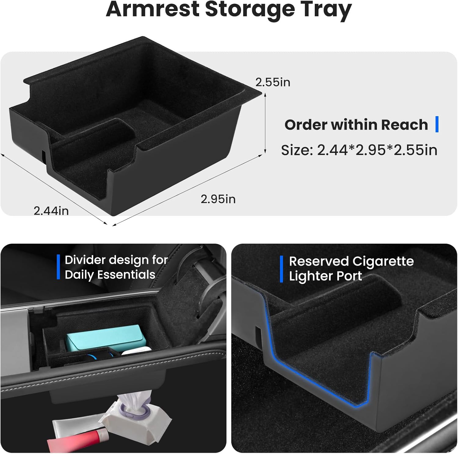 4Pcs Center Console Organizer Tray for Tesla Model Y 2021-2024 and Model 3 2021-2023, Armrest Hidden Storage Box for Model Y 21 22 23 24, Cup Holder Insert for Model 3 21 22 23 (Slide Box Set)