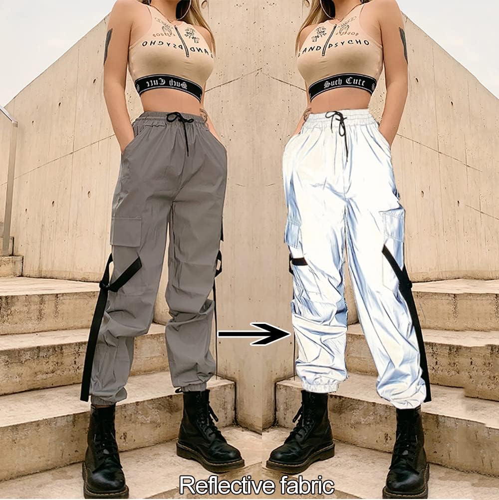 LZLRUN Women Streetwear Hip Hop Reflective Loose Cargo Pants Harajuku Cargo Jogger Elastic Sweatpant