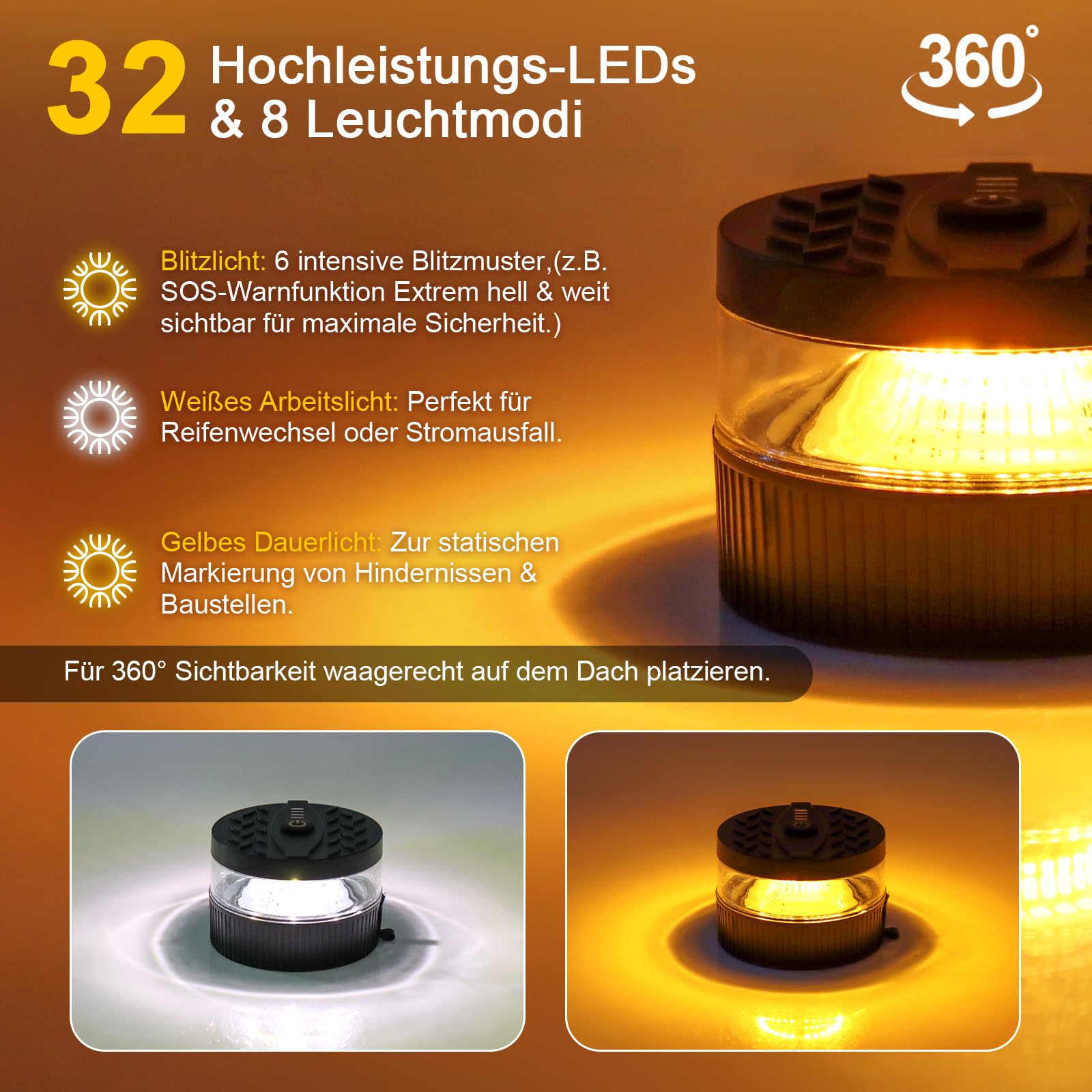 LED Rundumleuchte Akku Magnet [ECE R65 R10 Zulassung], 32 LEDs Warnleuchte Auto Orange & Weißes Arbeitslicht, IP67 Wasserdicht, 8 Blitzmodi für Traktor, LKW, Gabelstapler, Anhänger & Pannenhilfe