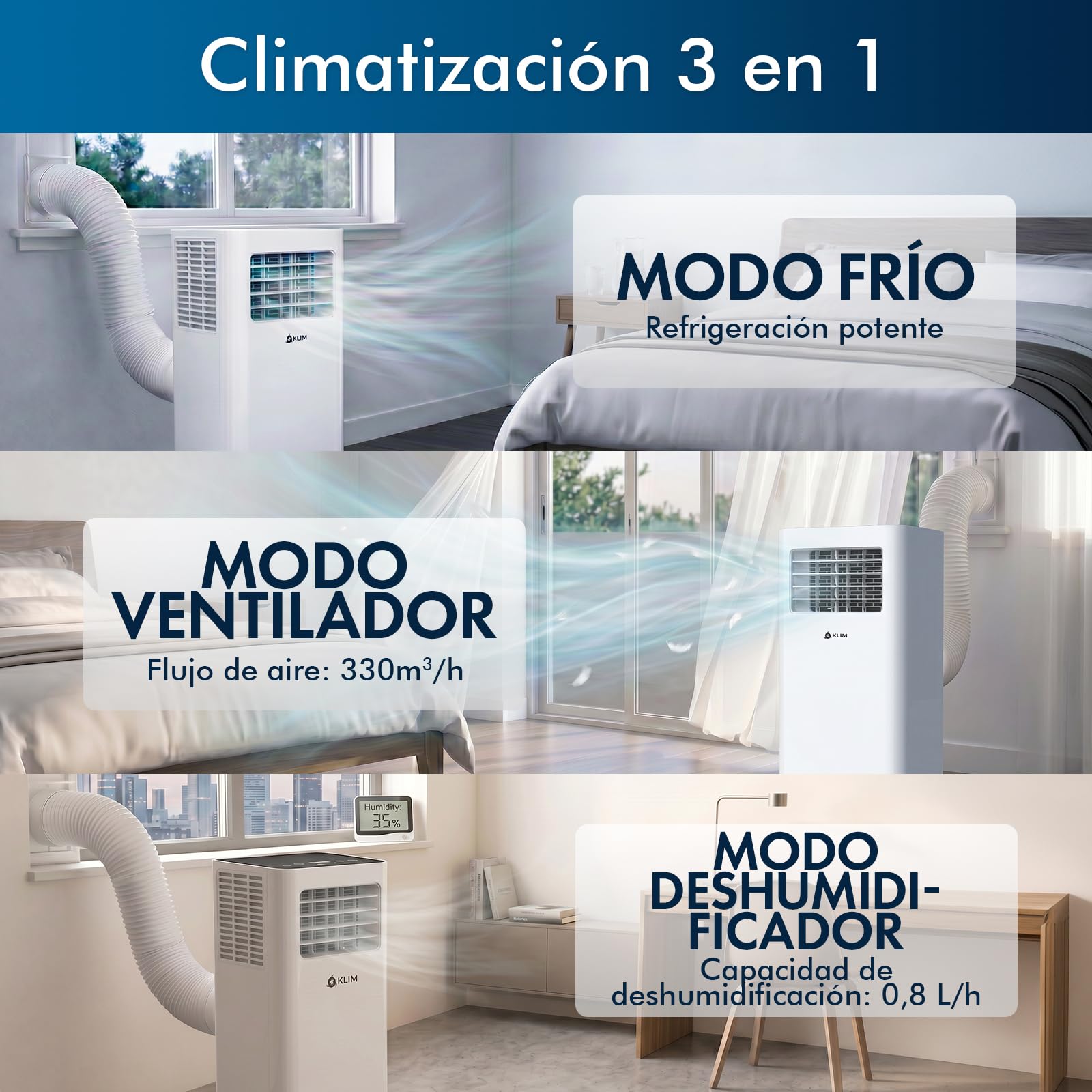 KLIM K9000 - Aire acondicionado portátil 3 en 1 - Nuevo - Con función deshumidificador, ventilador y modo refrigeración - Mando a distancia - AC portátil de 9000 BTU