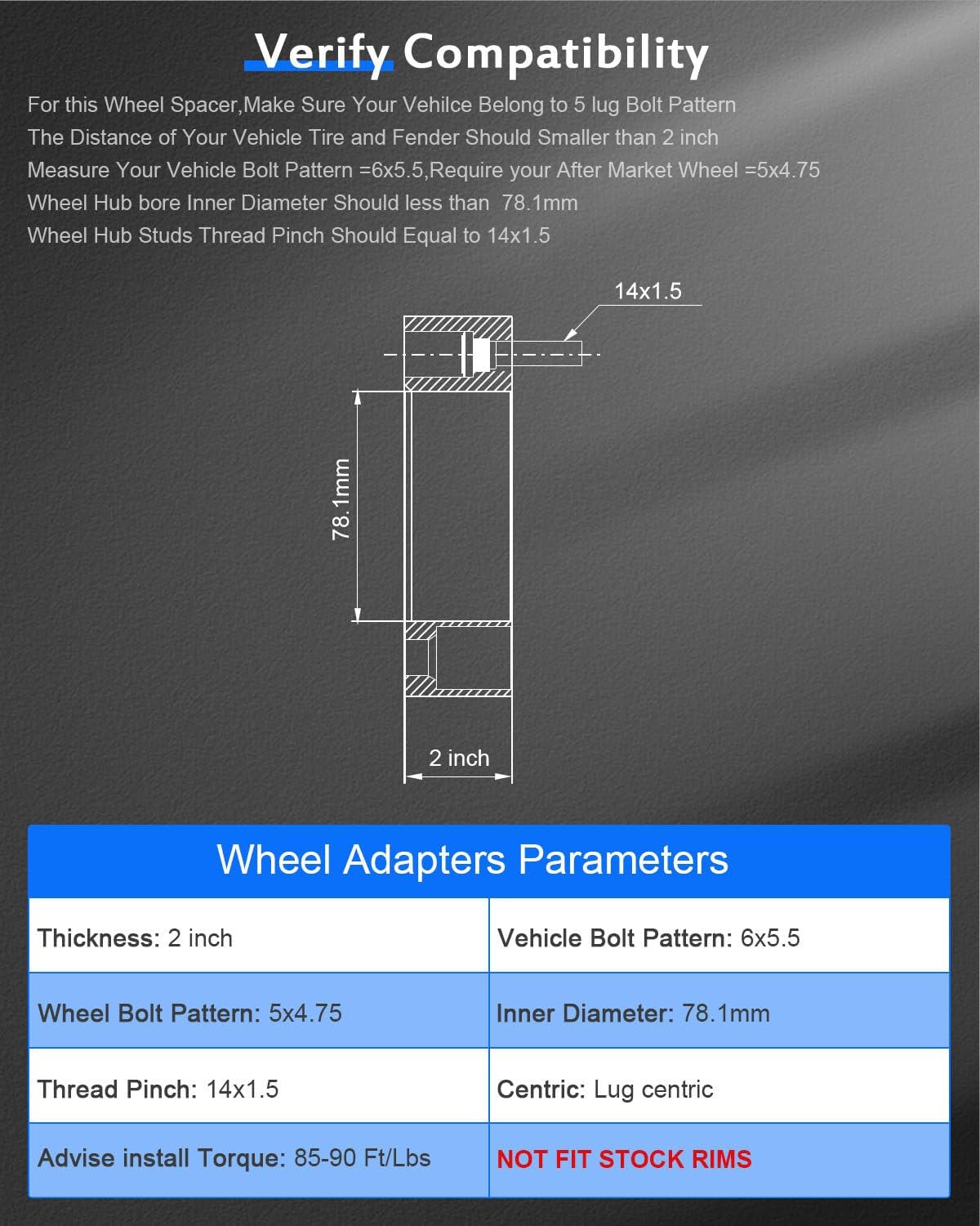 ECCPP 2PCS 2in Wheel Adapters Conversion 6x5.5 to 5x4.75 78.1mm CB 14x1.5 Studs Compatible with 1999-2023 for Chevrolet Silverado 1500| 2015-2021 for Chevrolet Suburban| 1995-2023 for Chevrolet Tahoe