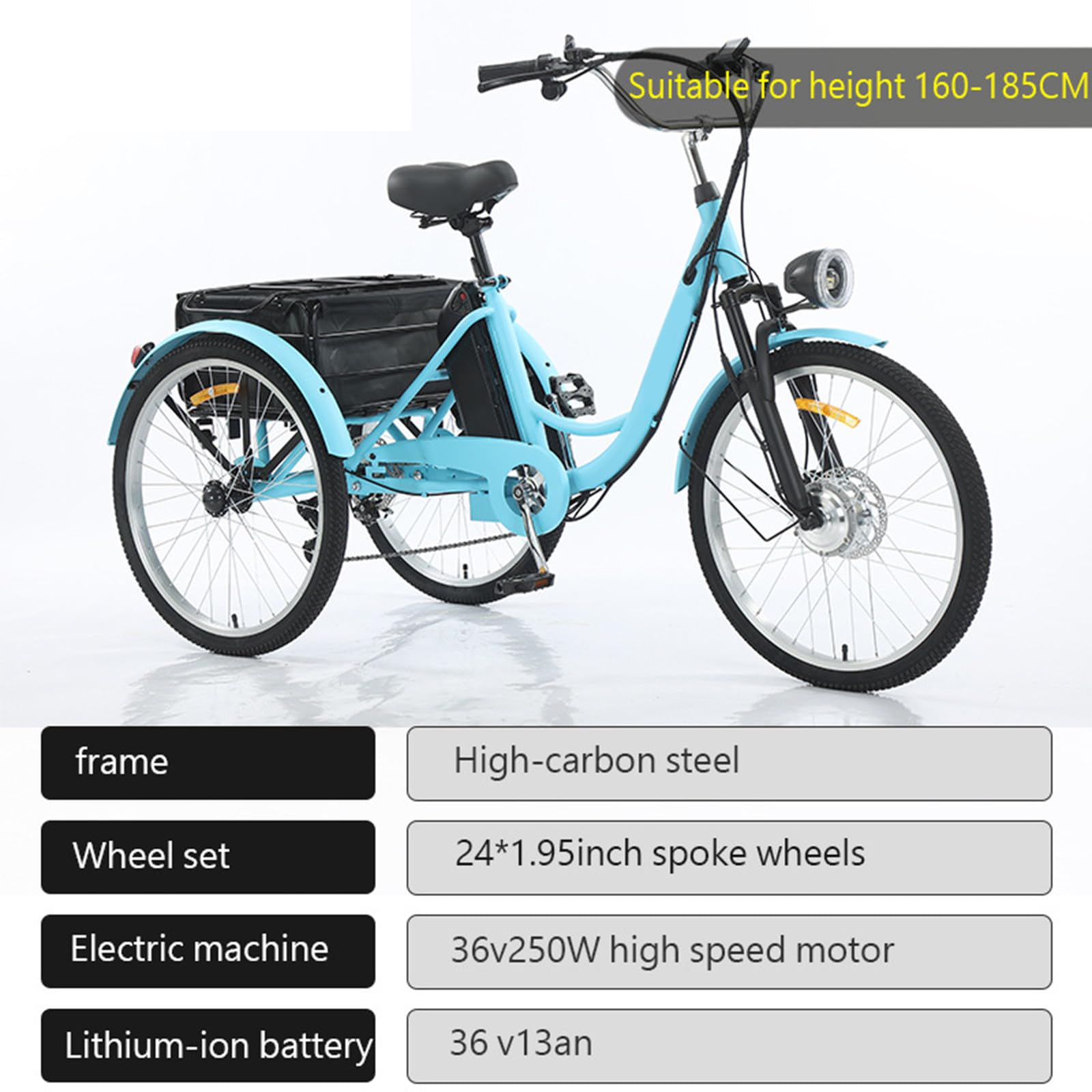 Triciclo elettrico per adulti da 24 pollici, 7 velocità, motore da 250 W, batteria da 36 V 13 Ah, autonomia di 35 km, ampio cestino, display LCD, faro anteriore, bicicletta a tre ruote aranc