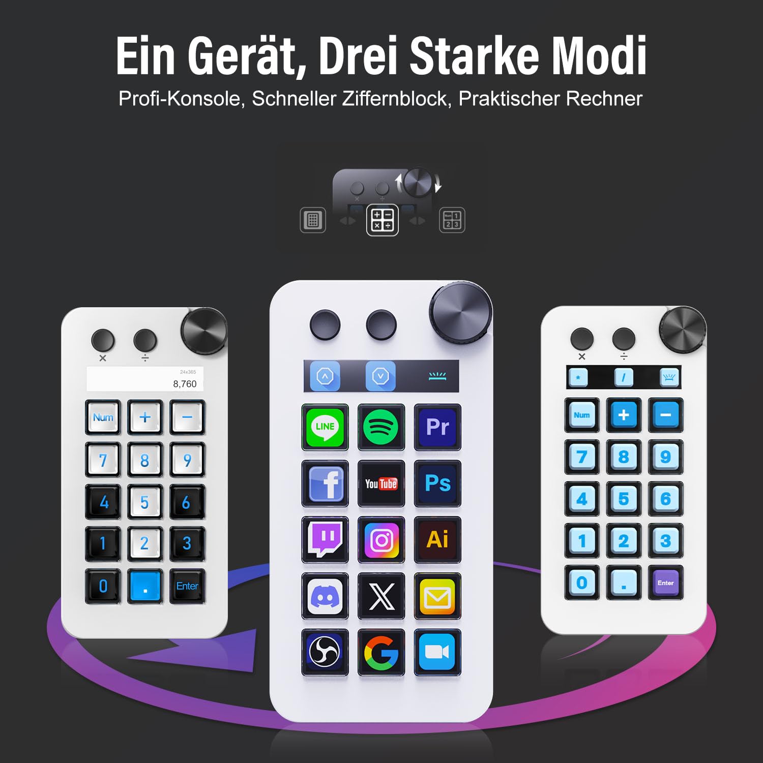 TreasLin N1 3-in-1 Macro Keypad:15 LCD Keys,Numpad& Calculator-Programmable Stream Controller Deck&Studio Controller for Streaming,Work,Gaming(Mac 14.0+/Win10+)-White