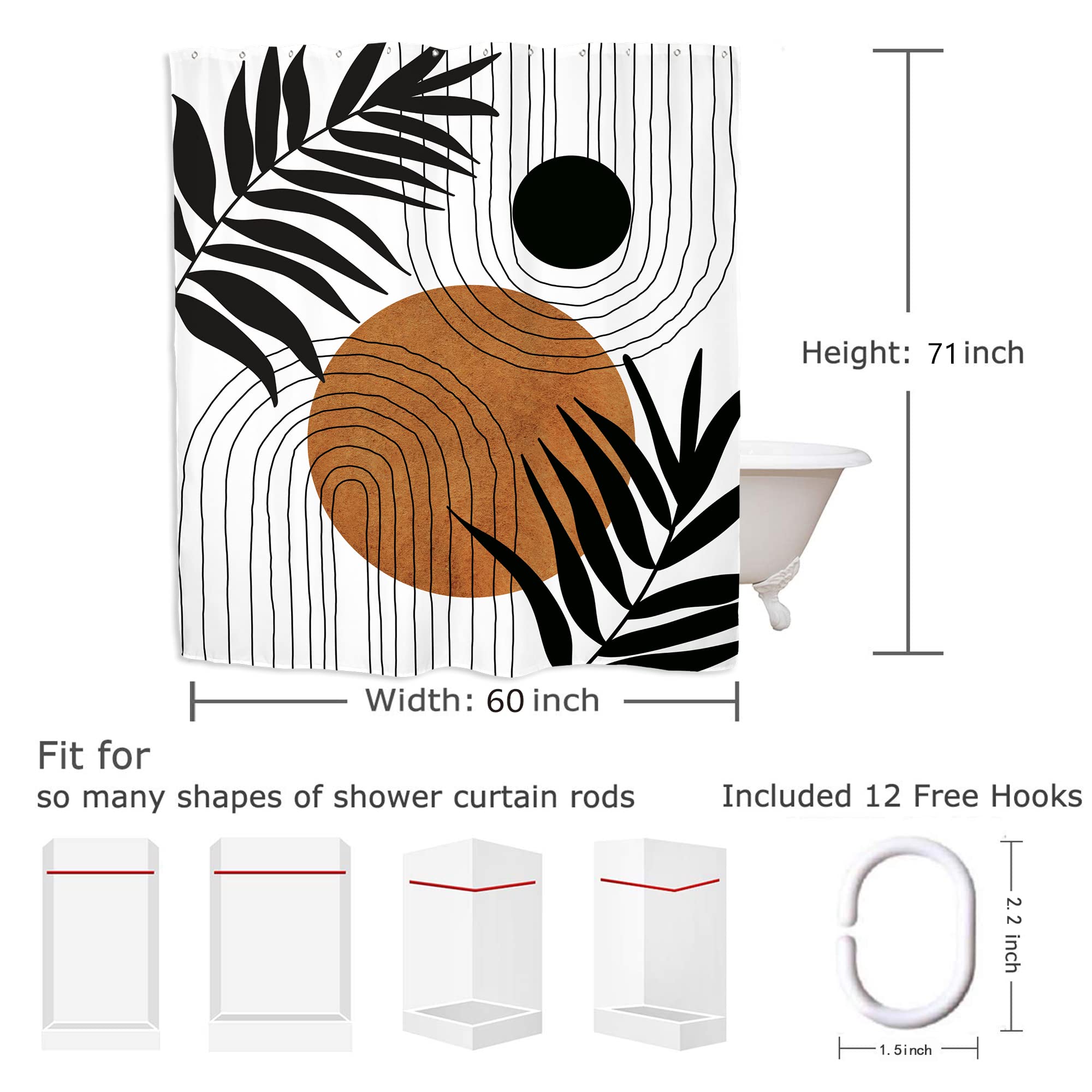 Yookeb Cortina De Ducha Abstracta De Mediados De Siglo, 60 Pulgadas De Ancho Por 71 Pulgadas De Alto, Moderna, Minimalista, Estética, Geométrica, Naranja Quemada, Tela De Poliéster, 12 Ganchos De