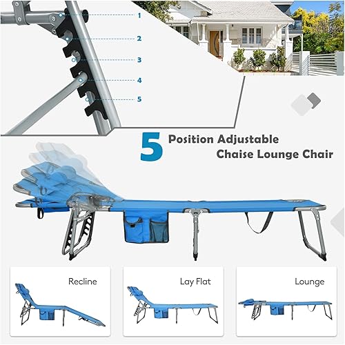 Miniatura 5 de Tangkula Sillón de playa con agujero para la cara, plegable, ajustable, reclinable, para tomar el sol, playa, con bolsillo lateral, silla portátil