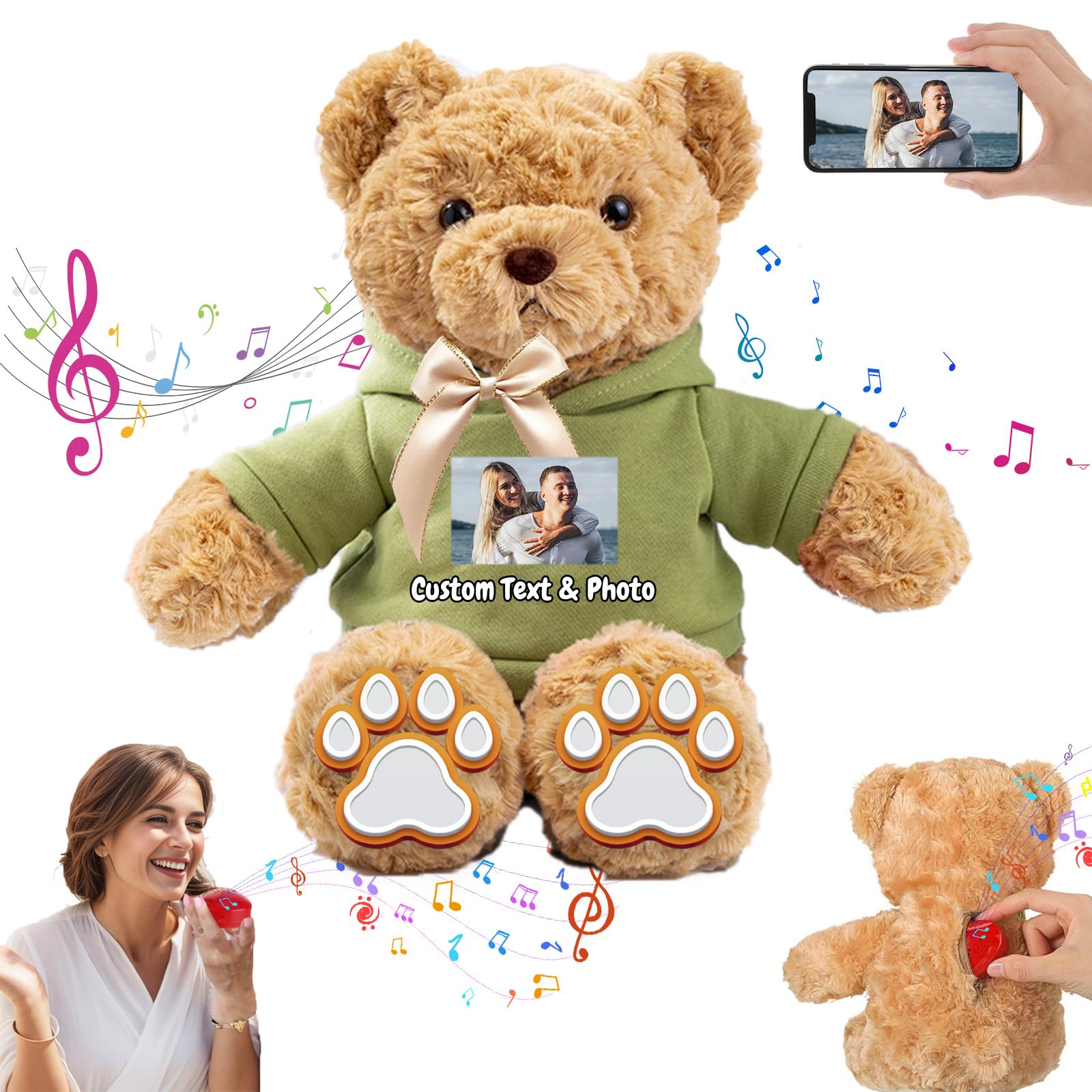 MeterBear Personalised Teddy Bear with Voice Recorder, Customised Gifts Stuffed Teddy Bear with Bow Text as Personalised Gift for Girls Boys on Birthday Christmas Valentines Day (13 inch-Text+Photo)