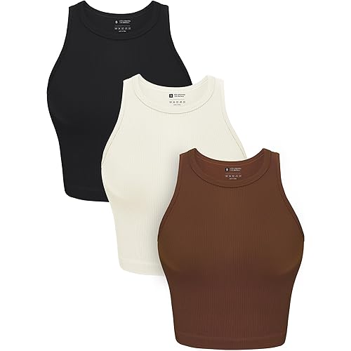 OLCHEE Womens 3 Pack Crop Tank Tops Basic Seamless Ribbed Round High Neck Racerback Workout Top Summer Causal Yoga Gym Shirts