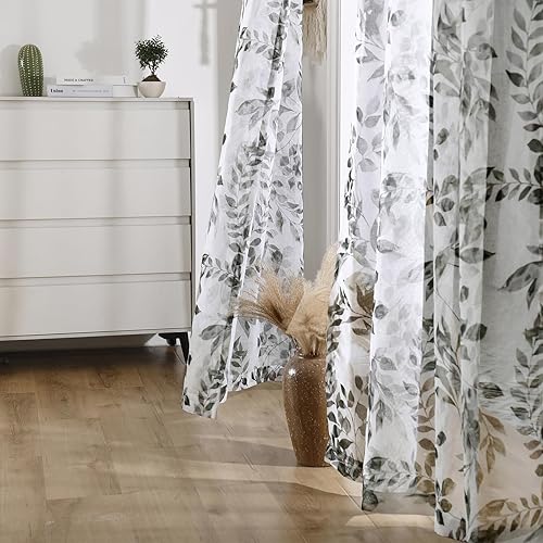 Miniatura 10 de Cortinas traslúcidas de 95 pulgadas de largo para sala de estar, cortinas semitraslúcidas filtrantes de luz, cortinas florales impresas con hojas