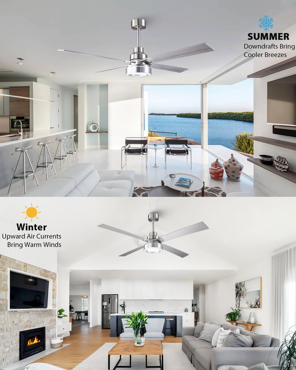 60 Inch Large Ceiling Fans with Lights and Remote/APP, Modern Brushed Nickel Ceiling Fan, 3CCT Dimmable, 6-Speeds Reversible, Quiet High Airflow Fan with Long Downrods for Living Room, Shop