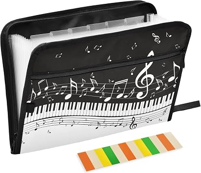 Music Note 13 Pockets Expanding File Folder with Sticky Labels Accordion File Folder Document Organizer Letter Size A4 Papers Expandable File Keeper Black