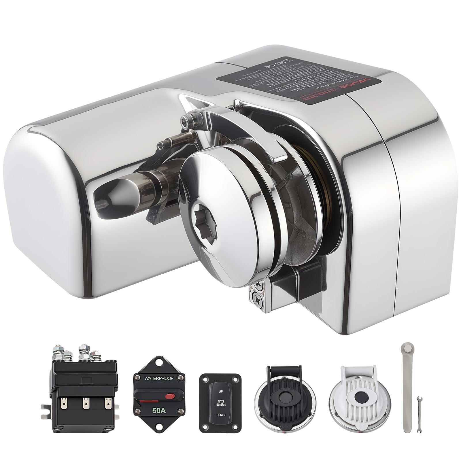 VEVOR Molinete de Ancla Eléctrico de 12 V CC, 600 W, para Cadenas de 6,35 mm y Cuerdas de Nailon de 14 a 16 mm, Carga de Tracción de 260 kg, para Embarcaciones de 7 a 9 m, 233 x 206 x 140 mm