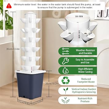 Space Saving Aeroponic Hydroponic Tower Kit: Hydroponics Growing System for Indoor Garden, 6-Layer Vertical Planter with 30 Plants Capacity 10L Tank, Sustainable Soilless Cultivation for