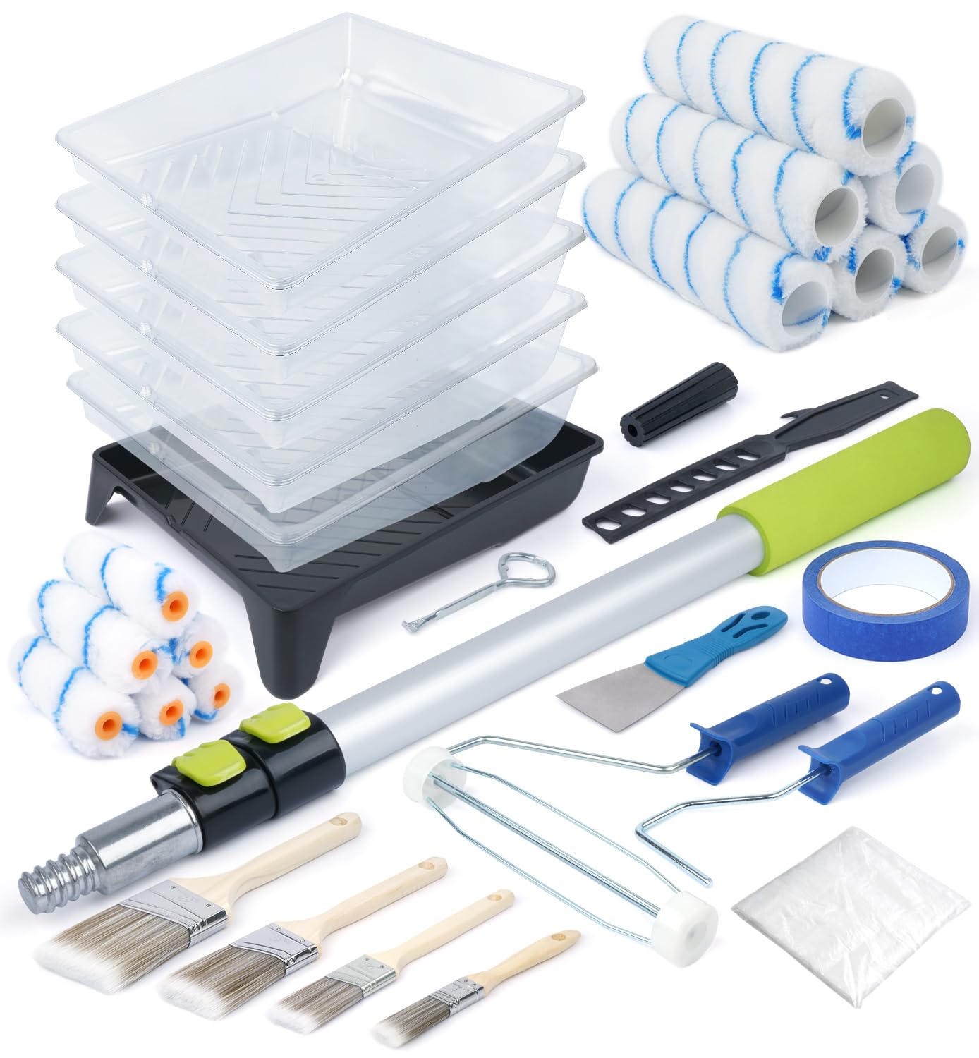 Farbroller-Set mit Verlängerungsstange, 6 bis 122 cm, All-in-One-Wandmalerei-Werkzeug-Set, Farbroller-Abdeckung und Farbrollerrahmen, Pinsel-Set für Hausmalerei – 30-teiliges Set