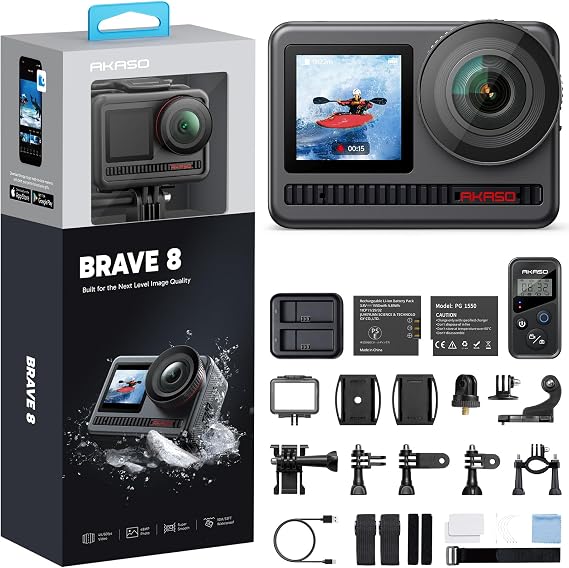 AKASO Brave 8 4K60FPS Action Camera 33ft Waterproof Underwater Camera | 48MP Photo SuperSmooth Stabilization Touch Screen Sports Camera 5X Zoom 8X Slo-mo Remote Control with Helmet Accessories
