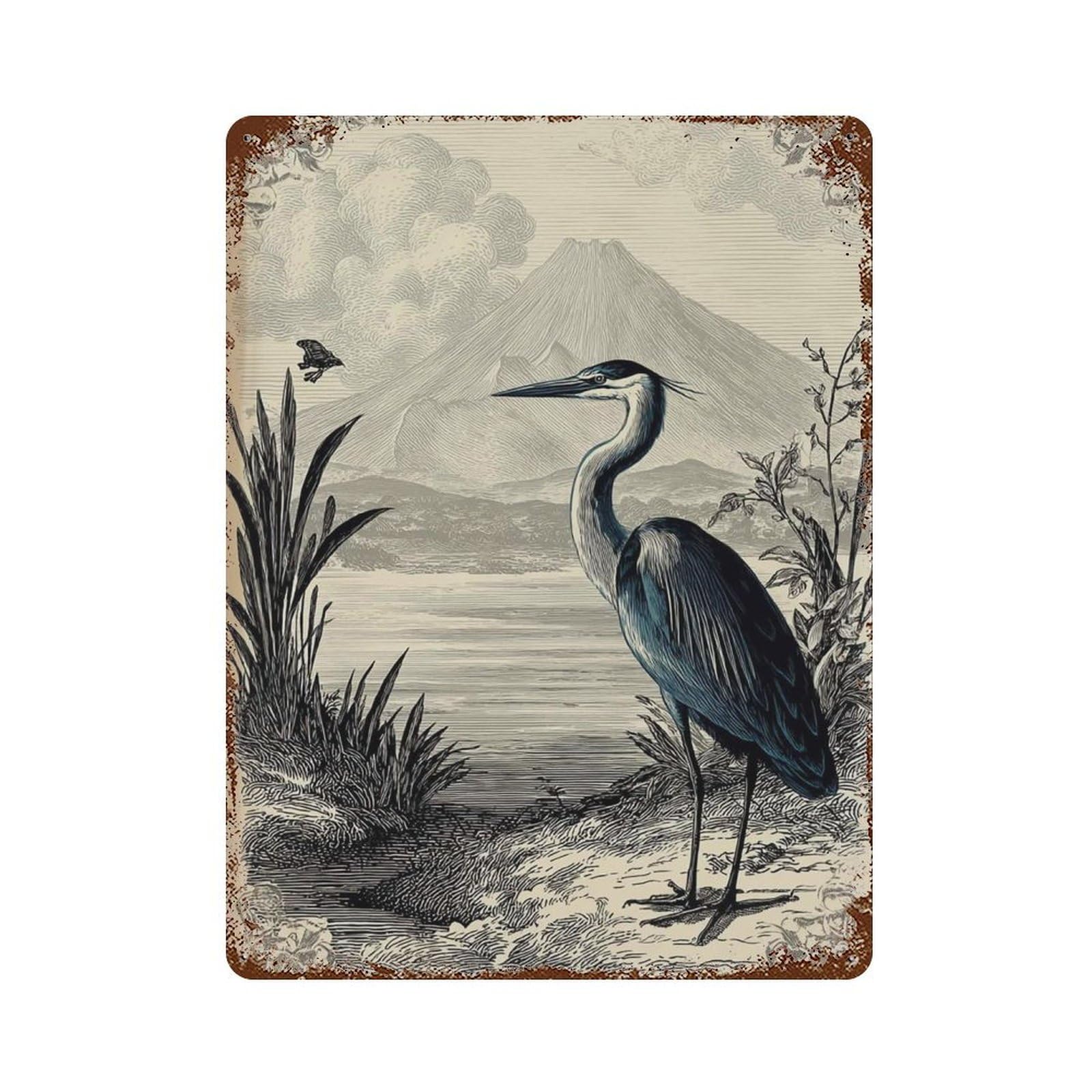 xiaoxiaoshen Heron Antique Nature Bird Design Victorian Lake Scene Engraved Wildlife Wall Decor Art Metal Tin Poster Modern Home Decor Art Home Bar Shop Decorations Vintage Sign 40x30cm